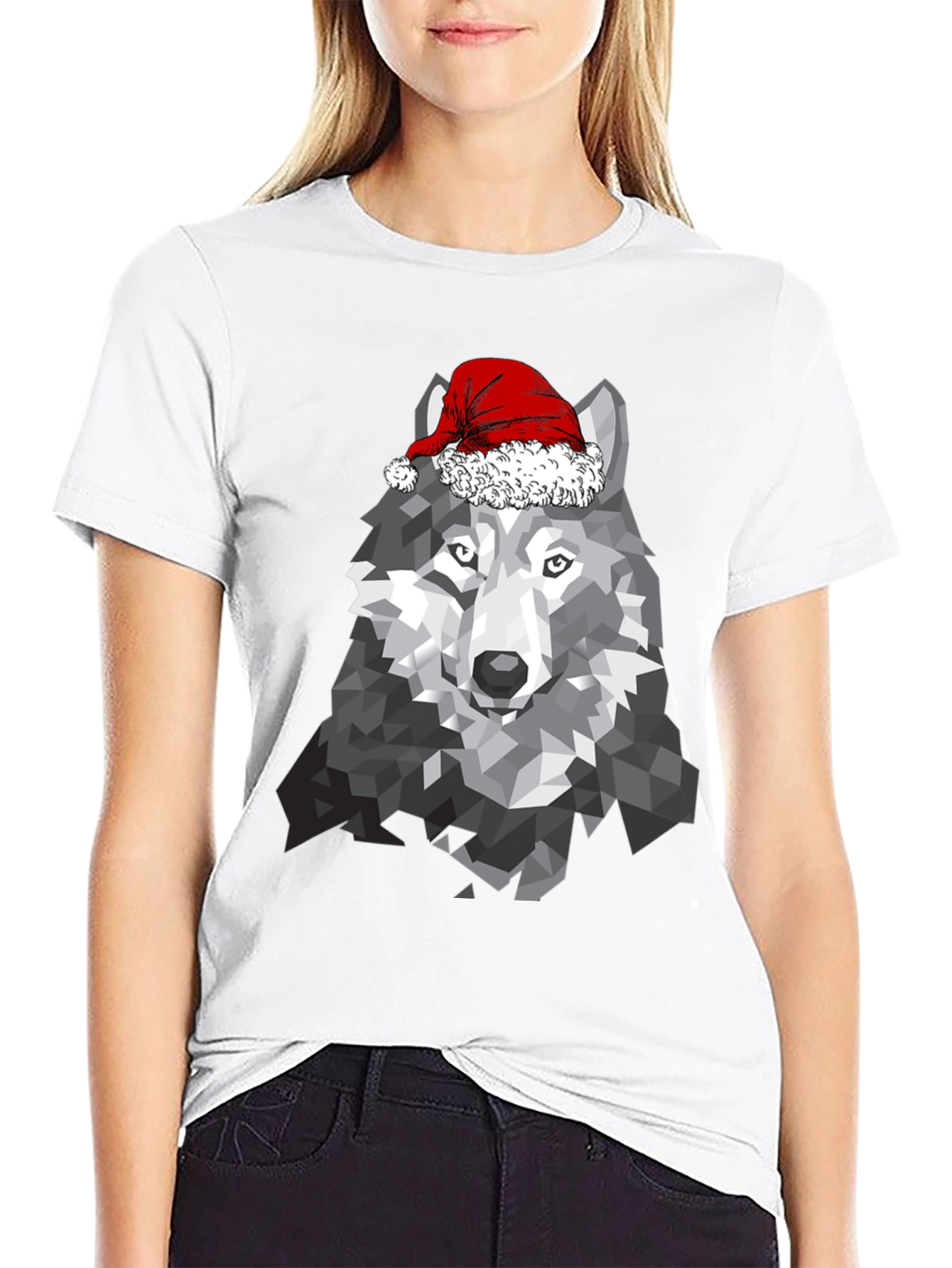 Geometric Wolf Santa Hat T-Shirt