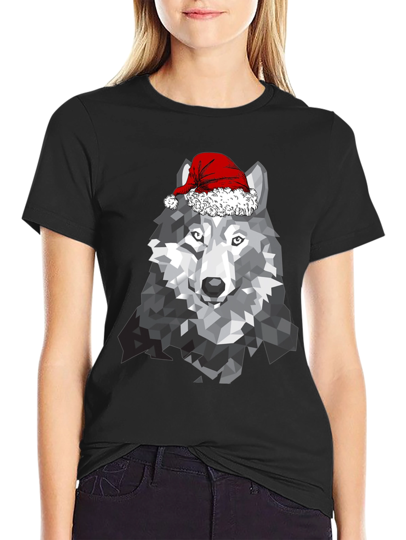 Geometric Wolf Santa Hat T-Shirt