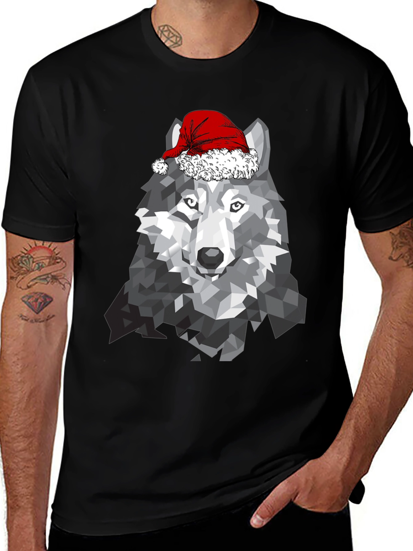 Geometric Wolf Santa Hat T-Shirt