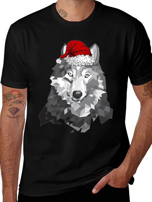 Geometric Wolf Santa Hat T-Shirt