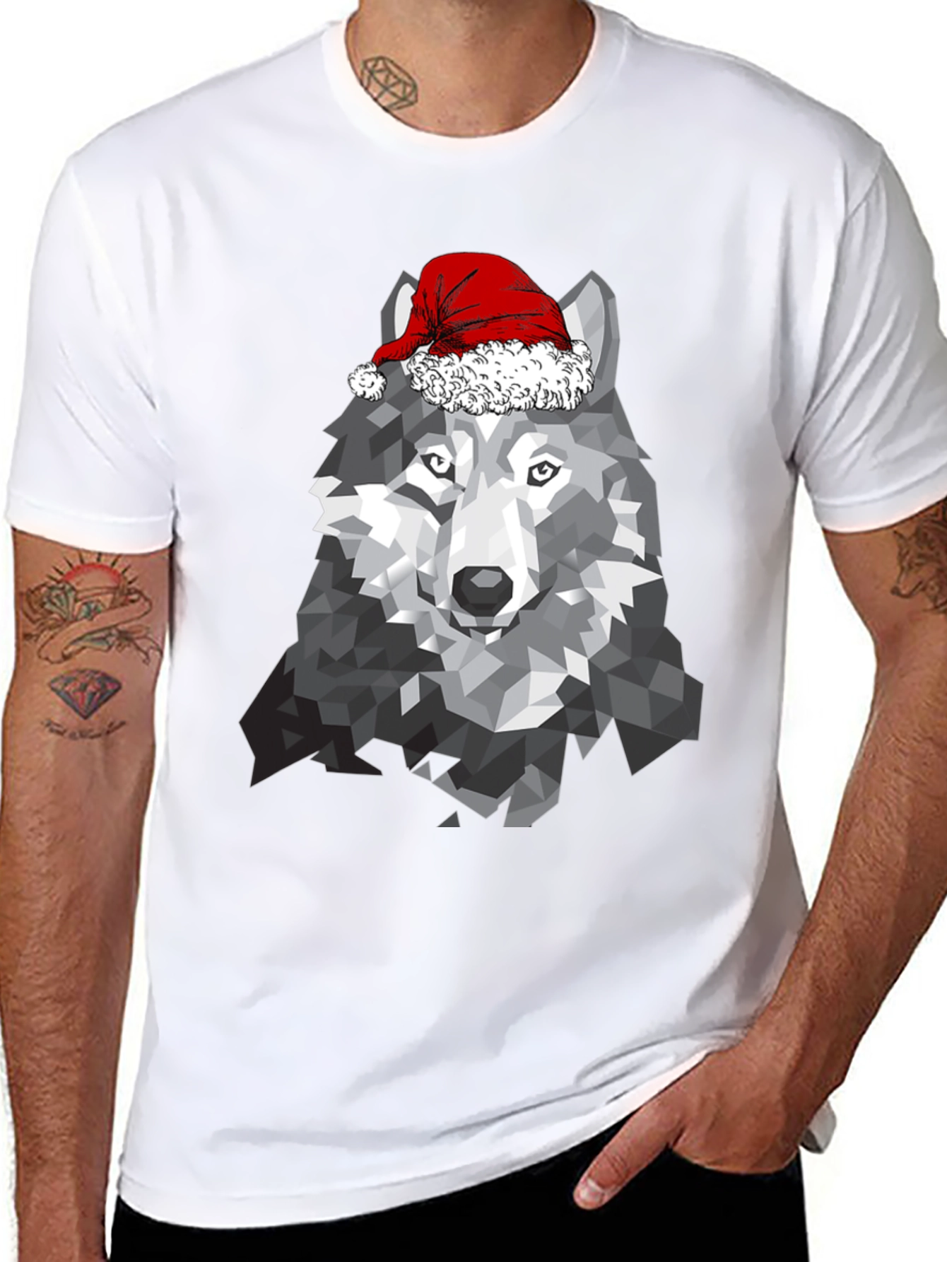 Geometric Wolf Santa Hat T-Shirt