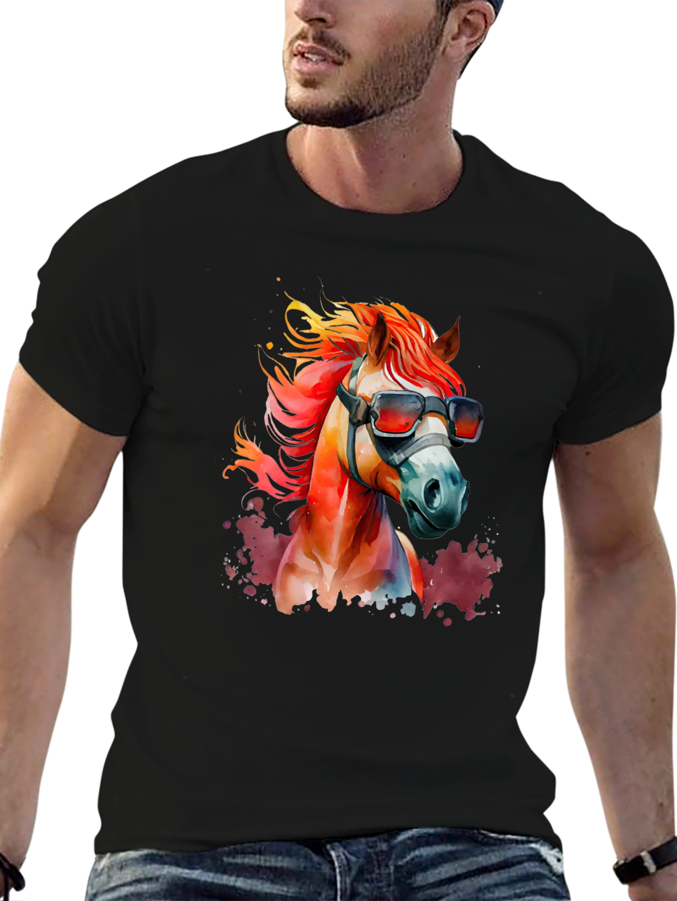 Cool Horse Graphic Tee - Black Cotton Blend