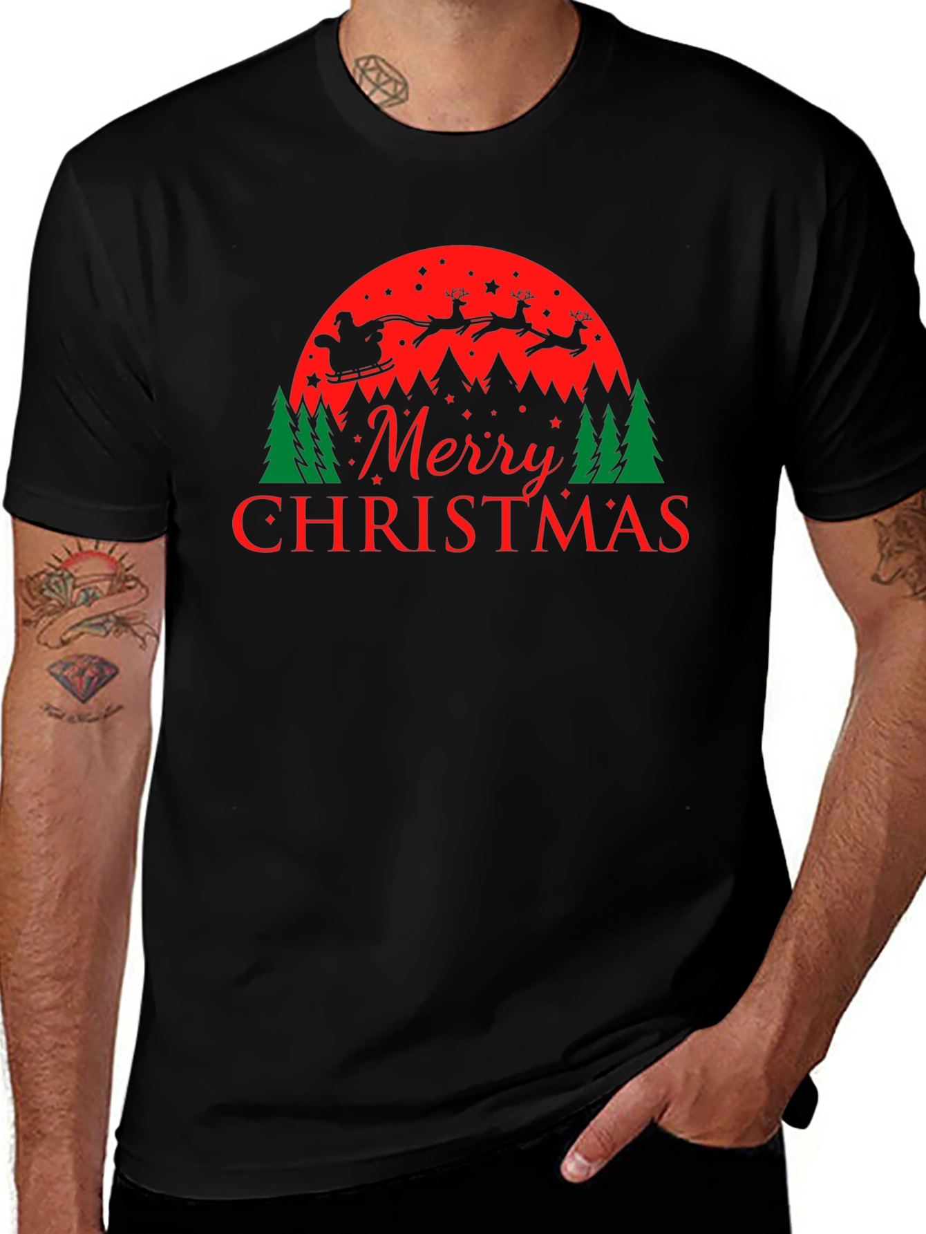 Merry Christmas Santa and Reindeer Graphic Tee