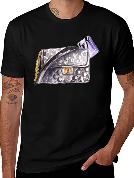Stylish Black T-Shirt with Watercolor Handbag Print