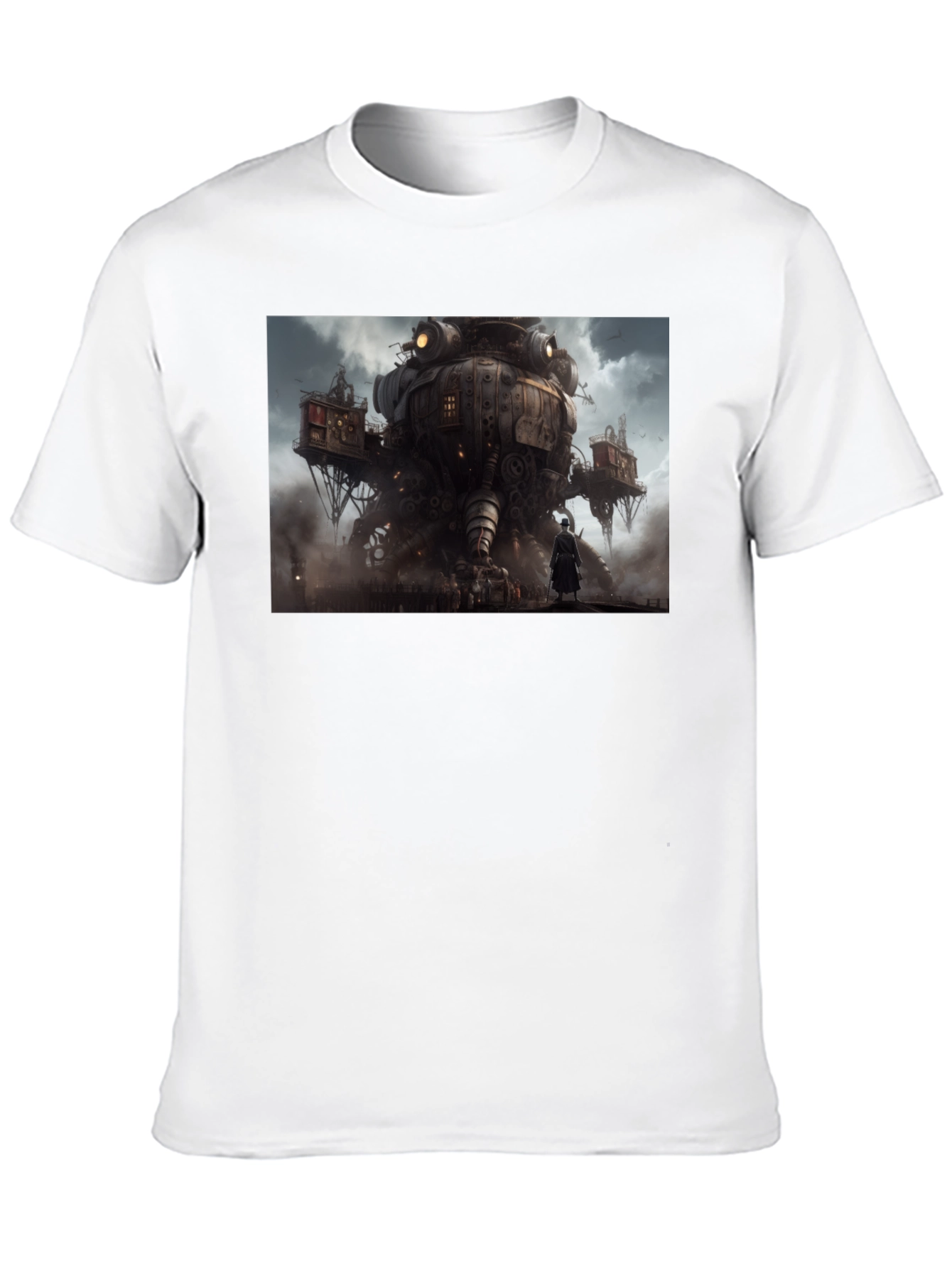 Steampunk Cityscape Graphic Tee - Bold Black Cotton Shirt