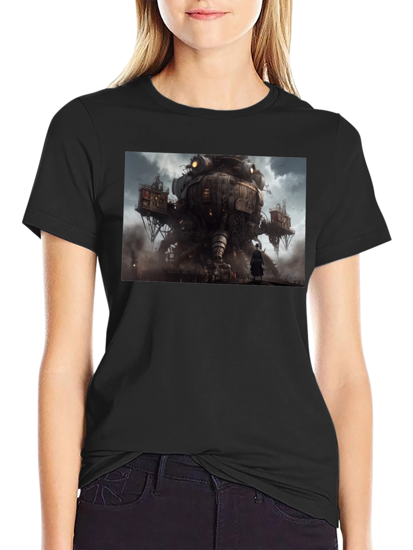 Steampunk Cityscape Graphic Tee - Bold Black Cotton Shirt