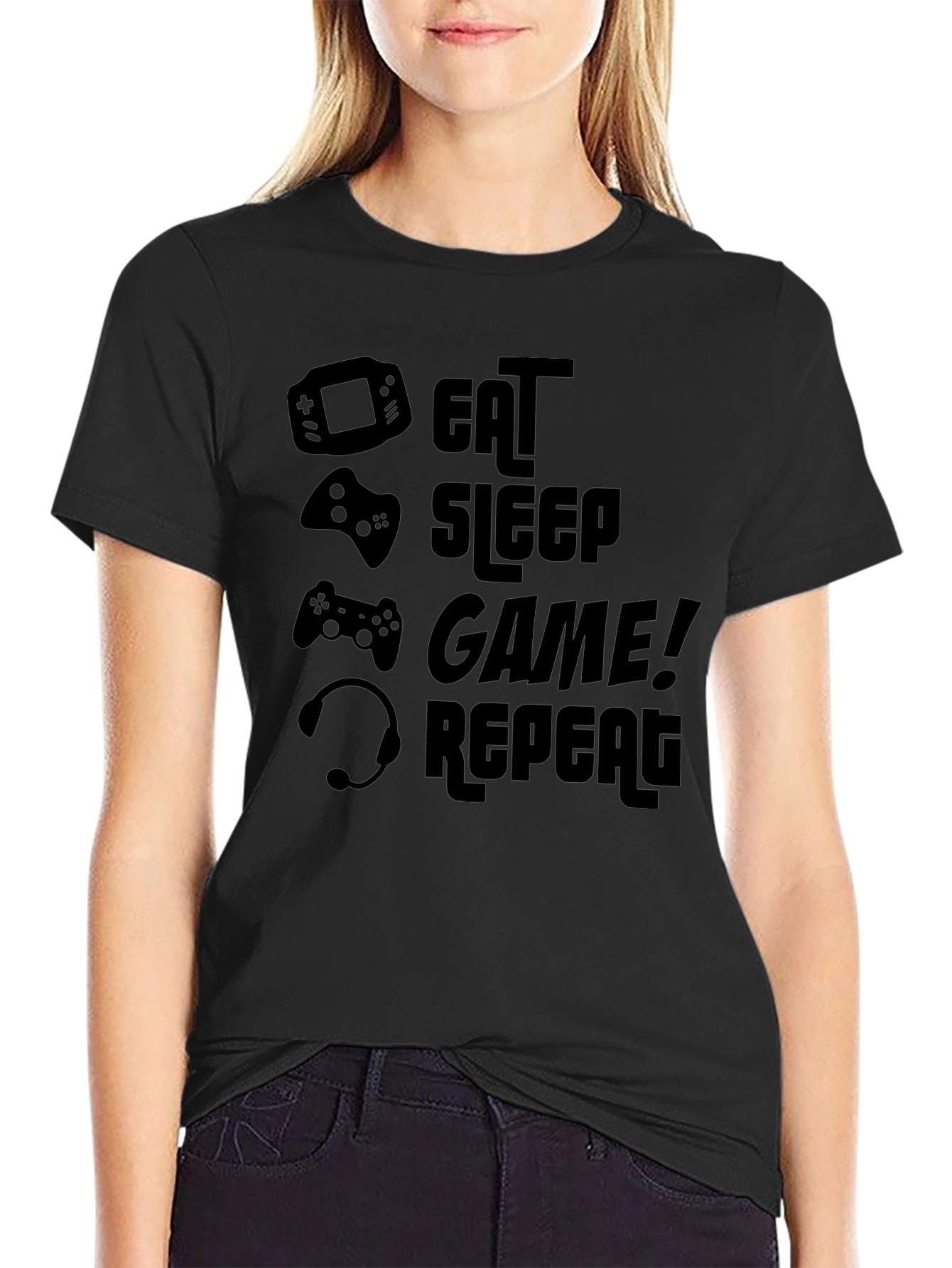 Eat Sleep Game Repeat Black Graphic T-Shirt