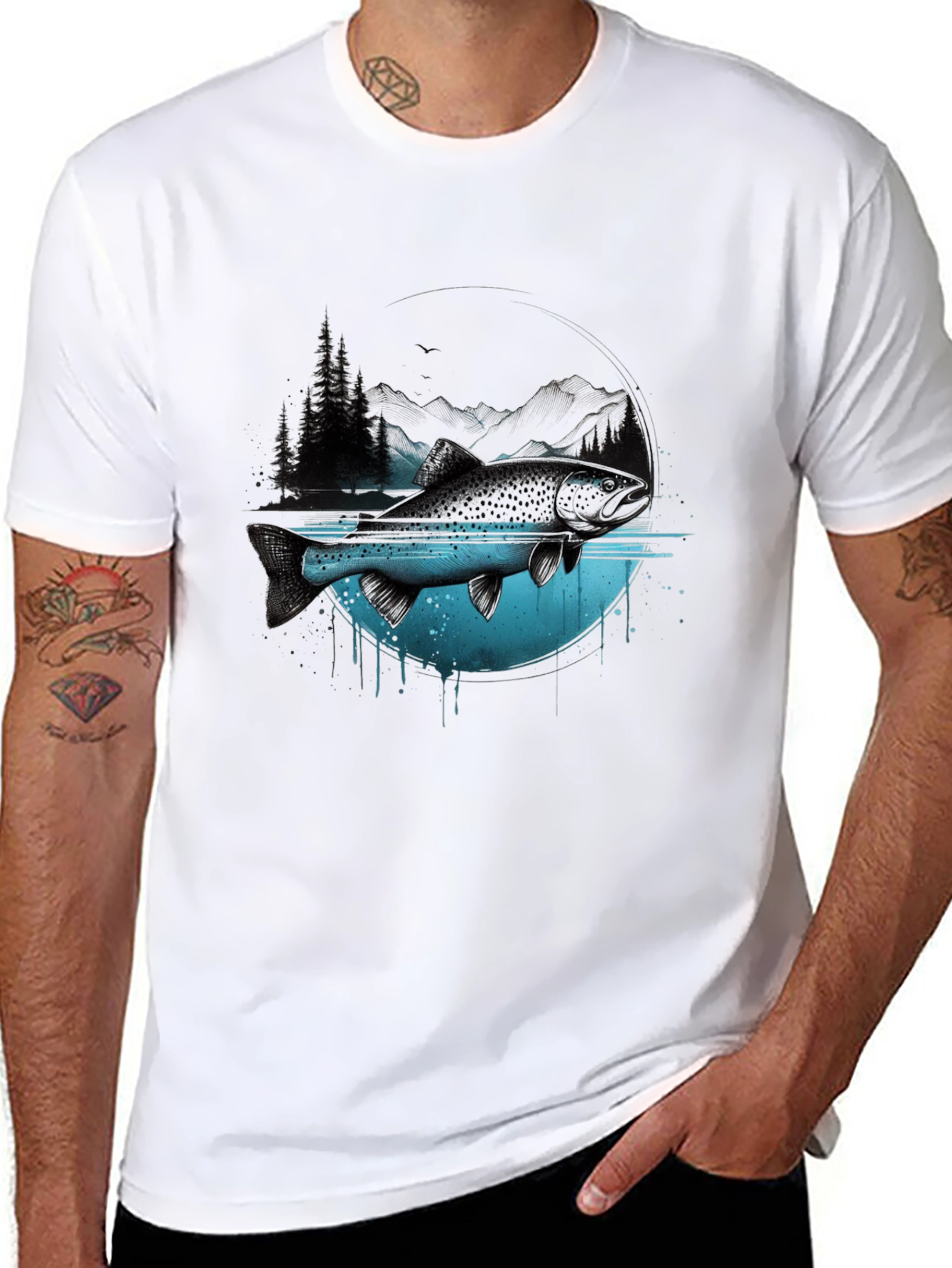 Nature Fish Graphic Print Crew Neck T-Shirt