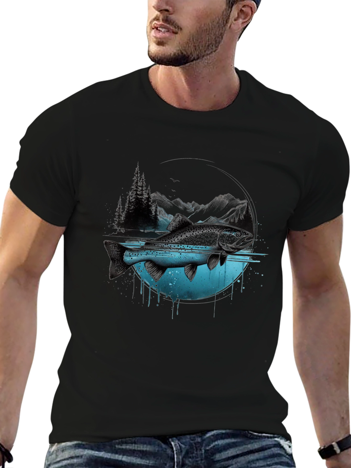 Nature Fish Graphic Print Crew Neck T-Shirt