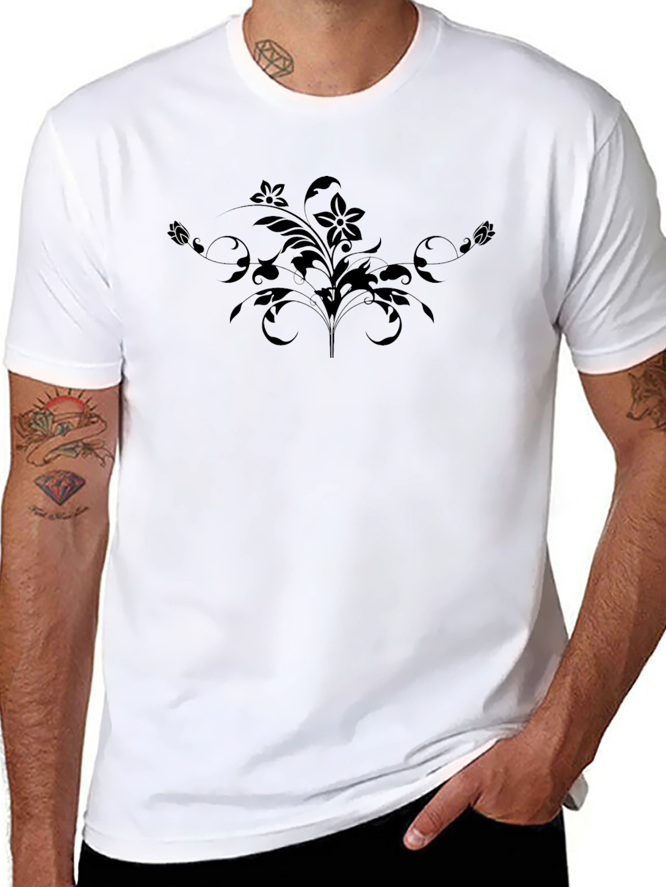 Floral Graphic Print Crew Neck Tee - Black