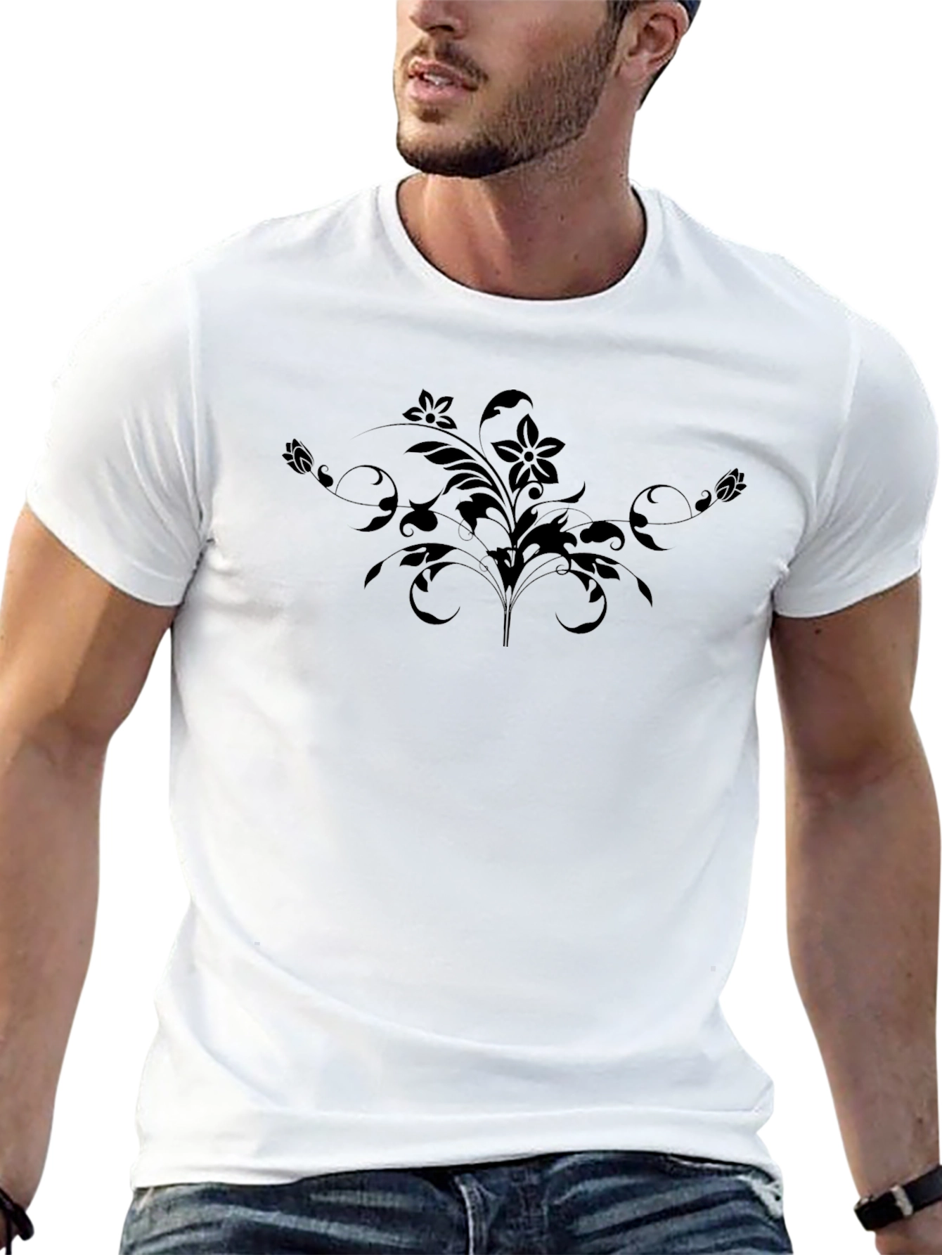 Floral Graphic Print Crew Neck Tee - Black