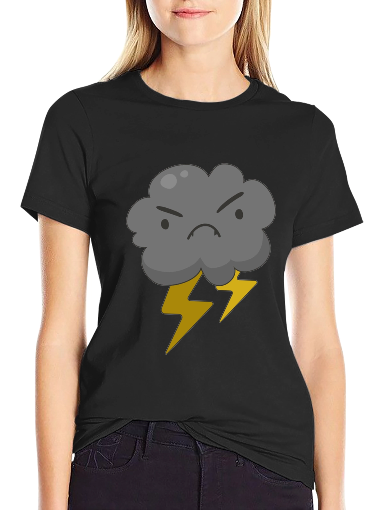 Angry Cloud and Lightning Bolt Black T-Shirt