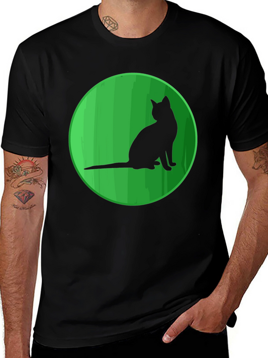 Cool Cat Silhouette Tee - Green Circle Design Black T-Shirt