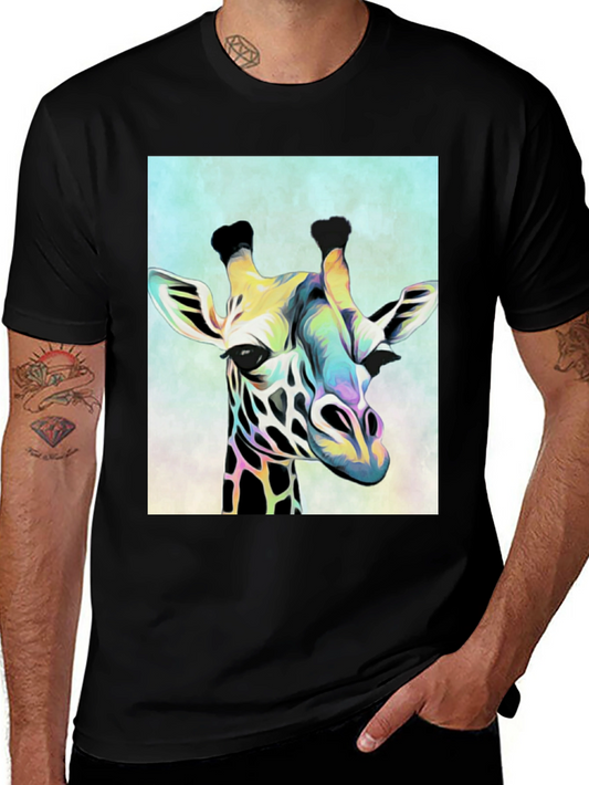 Colorful Giraffe Graphic Black T-Shirt