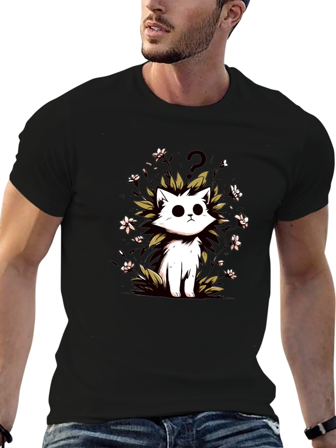 Curious Cat Graphic Tee - Black Cotton T-Shirt