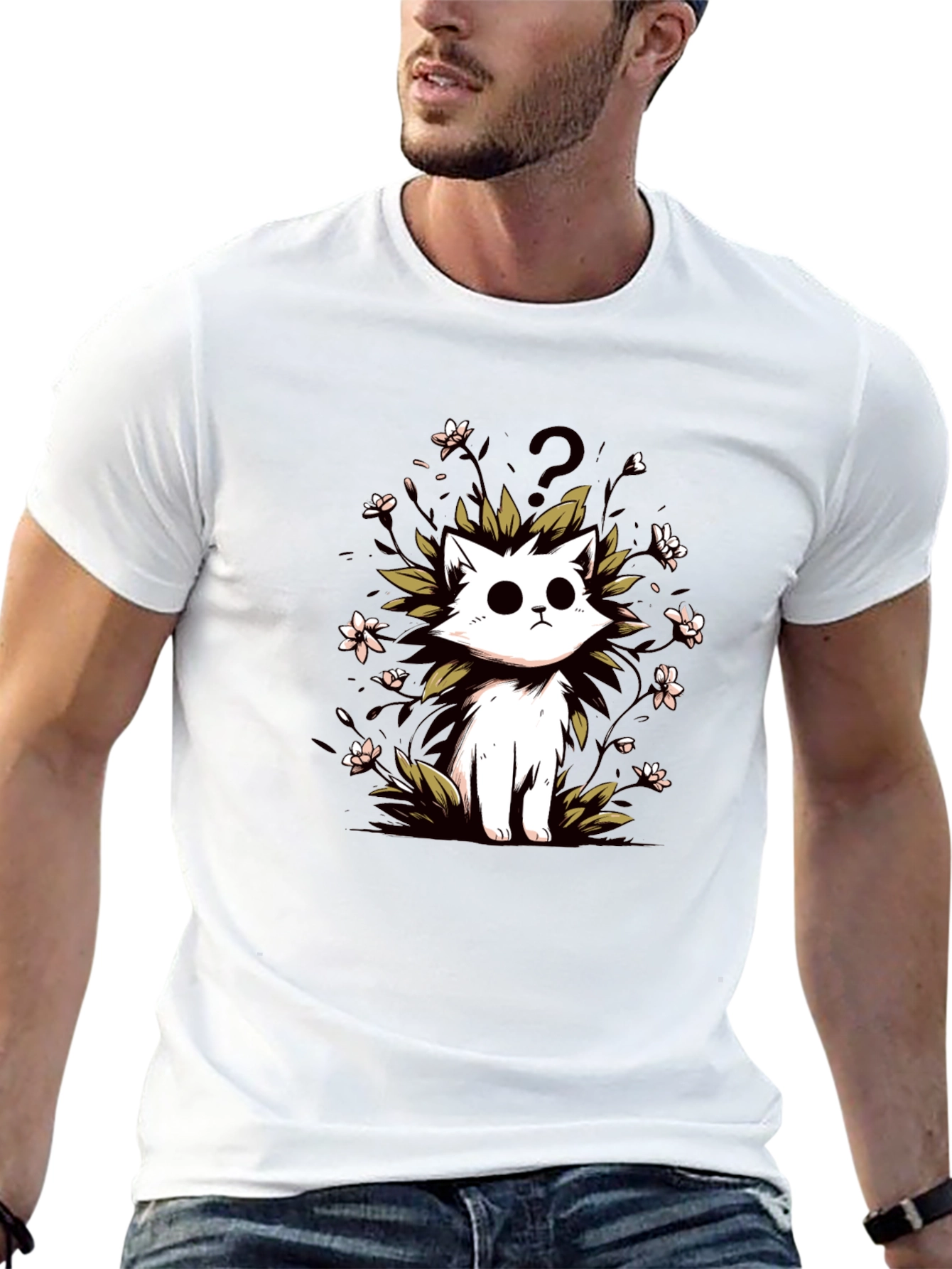 Curious Cat Graphic Tee - Black Cotton T-Shirt