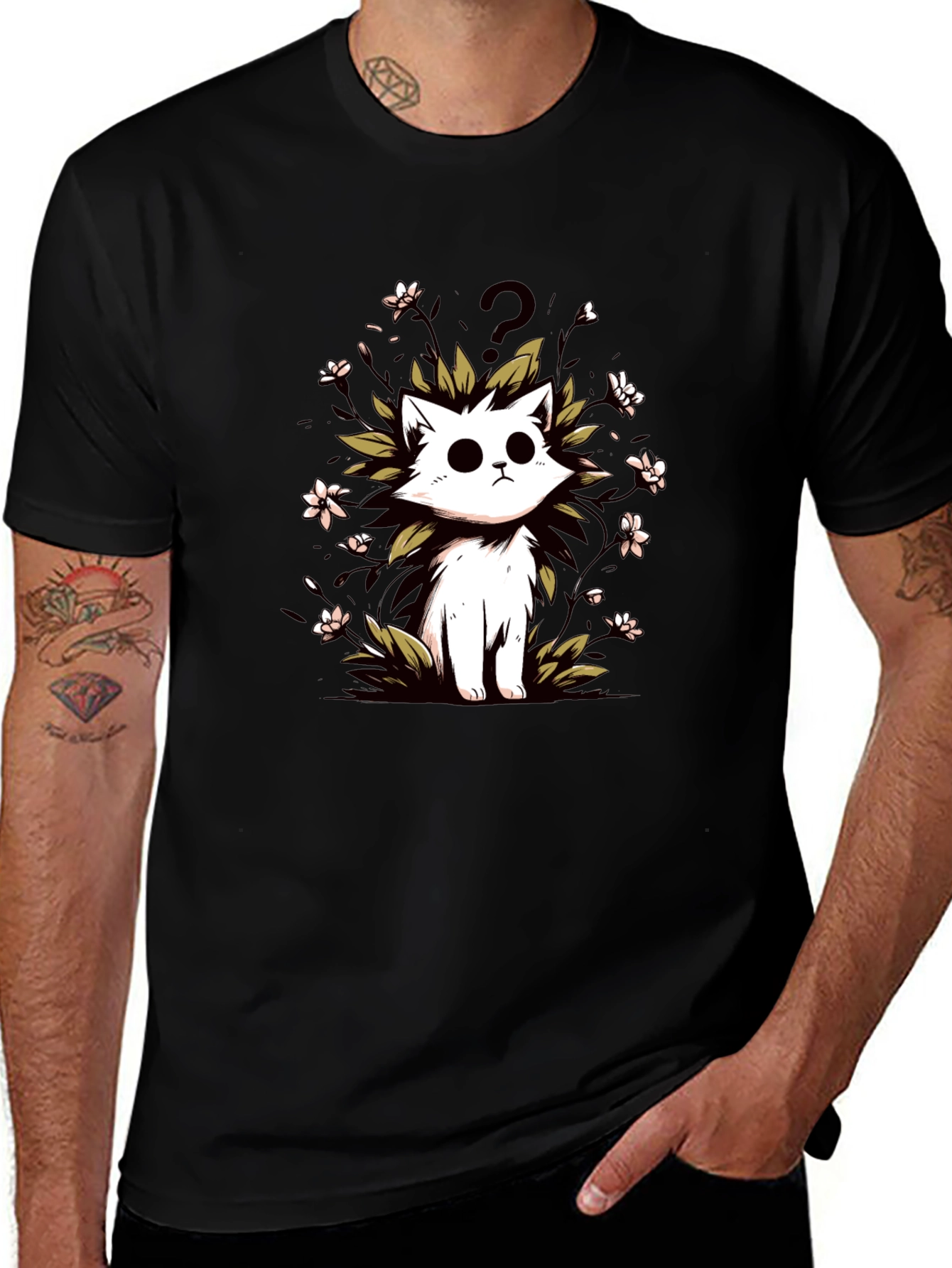 Curious Cat Graphic Tee - Black Cotton T-Shirt
