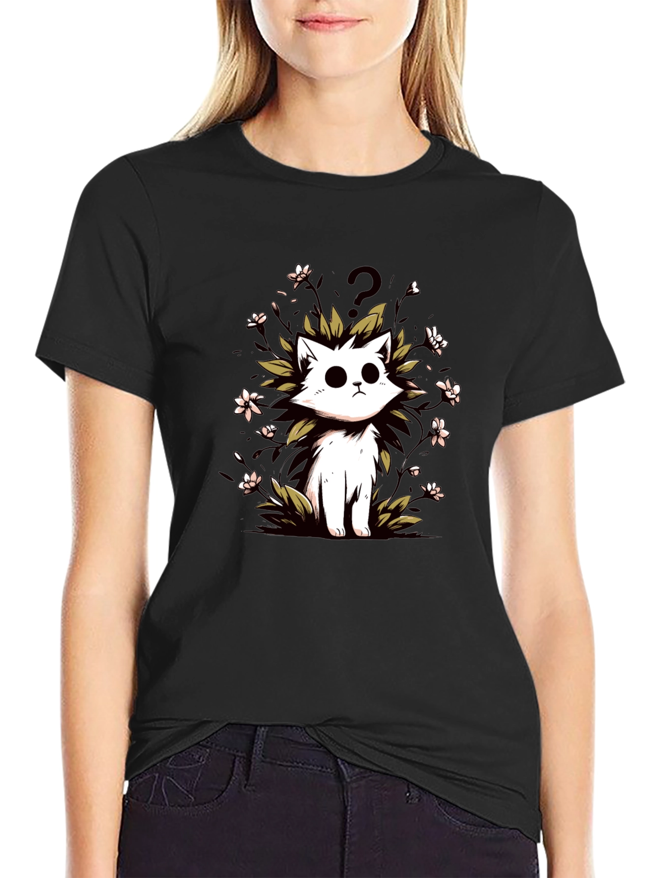 Curious Cat Graphic Tee - Black Cotton T-Shirt