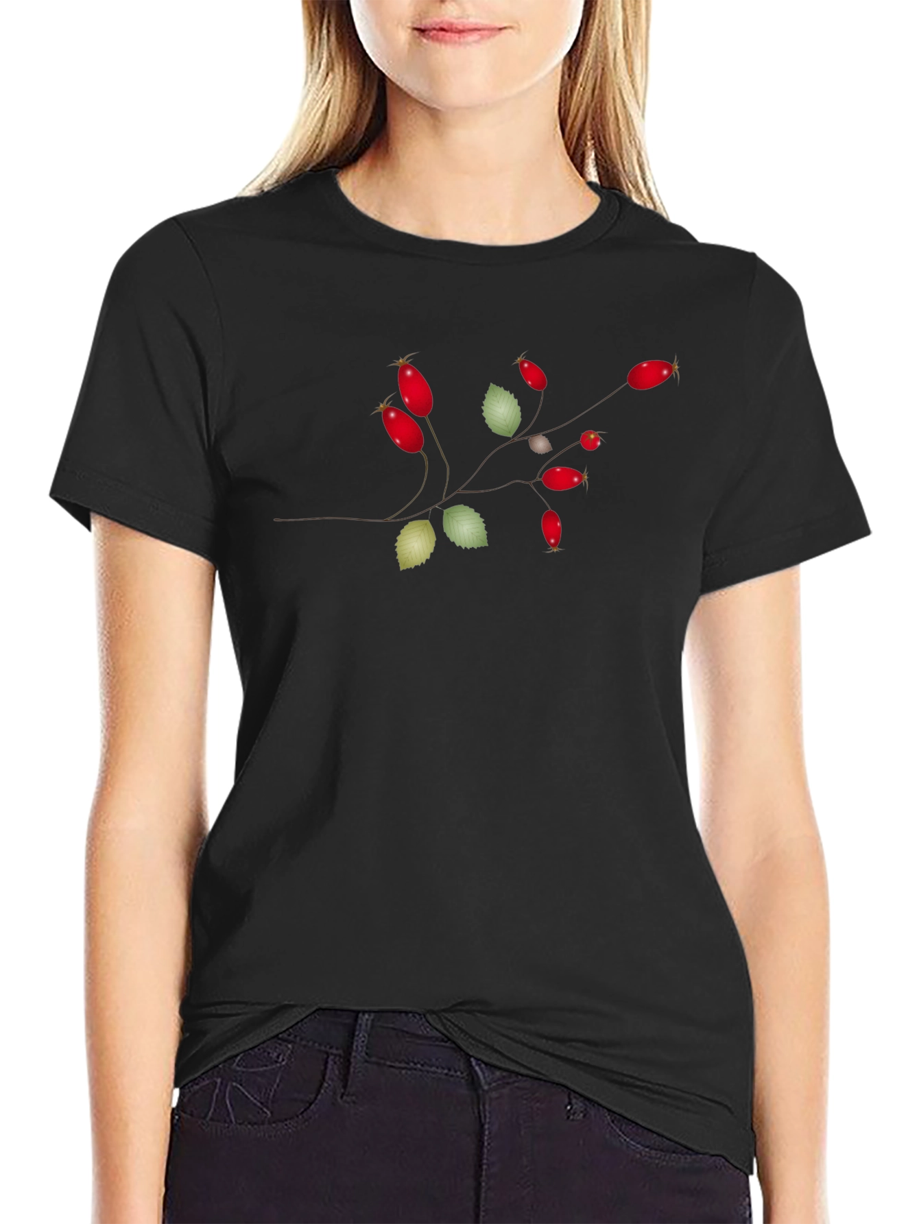 Botanical Rosehip Branch Graphic Tee - Black