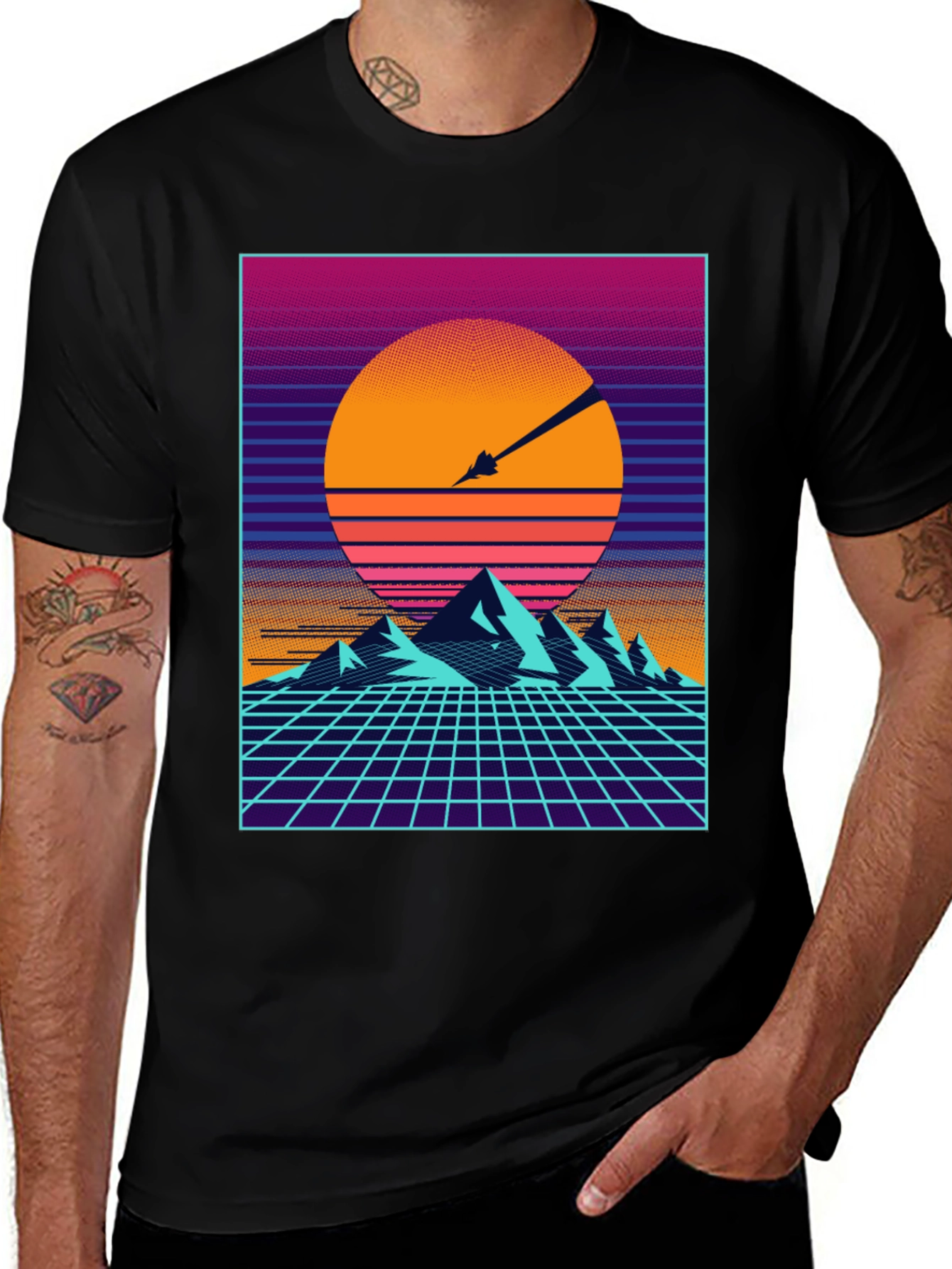Retro Synthwave T-Shirt - Sunset Mountains