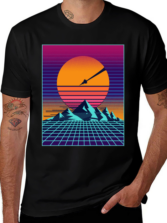 Retro Synthwave T-Shirt - Sunset Mountains
