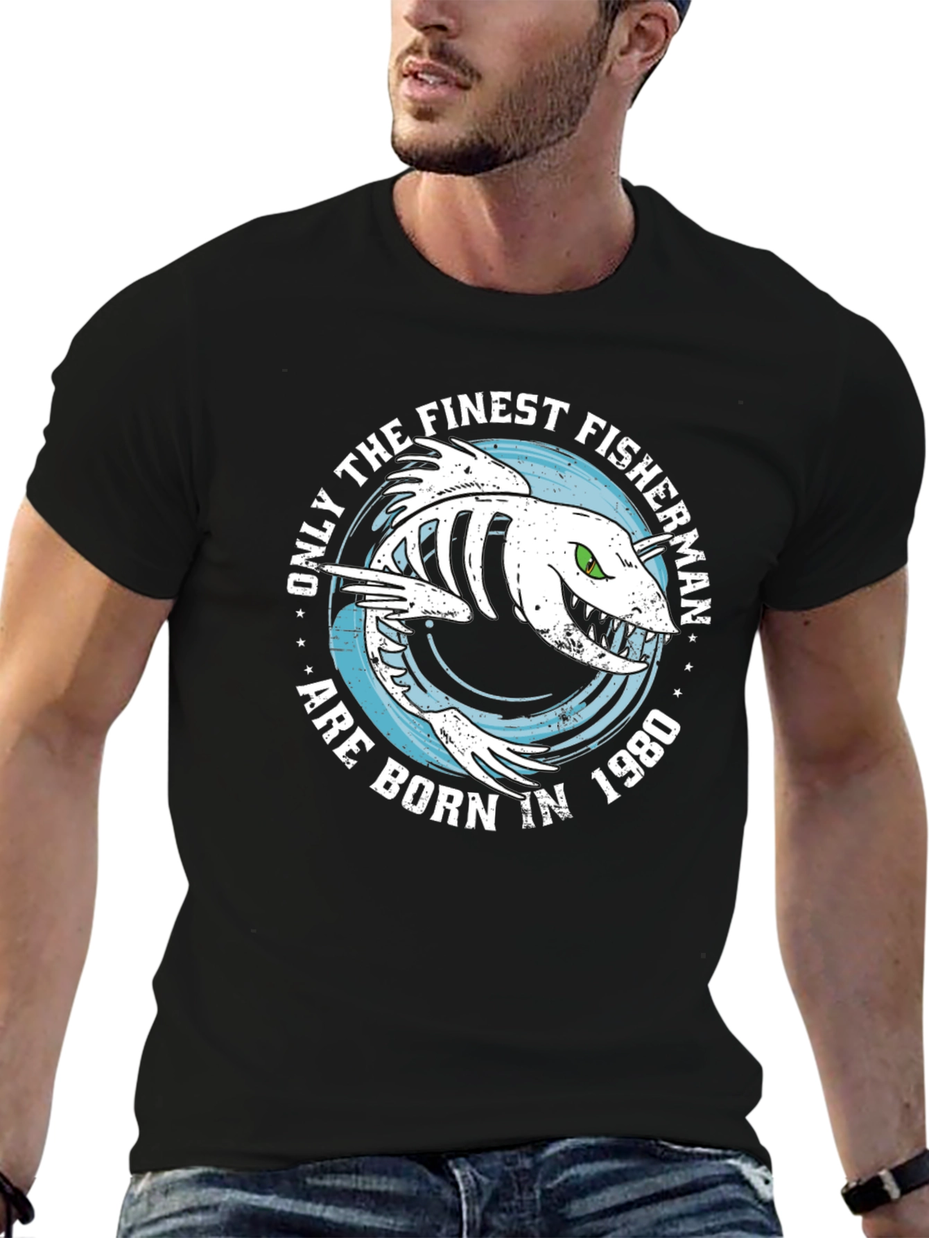 Finest Fisherman Born in 1980 Black T-Shirt