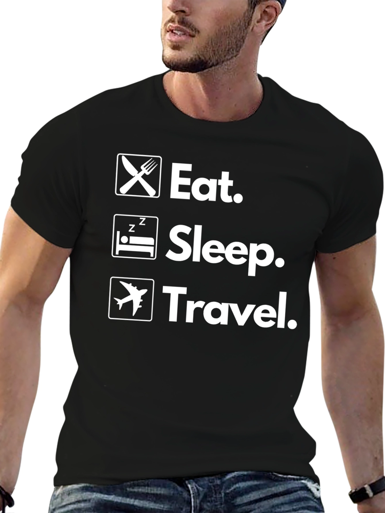 Eat Sleep Travel T-Shirt - Black Cotton