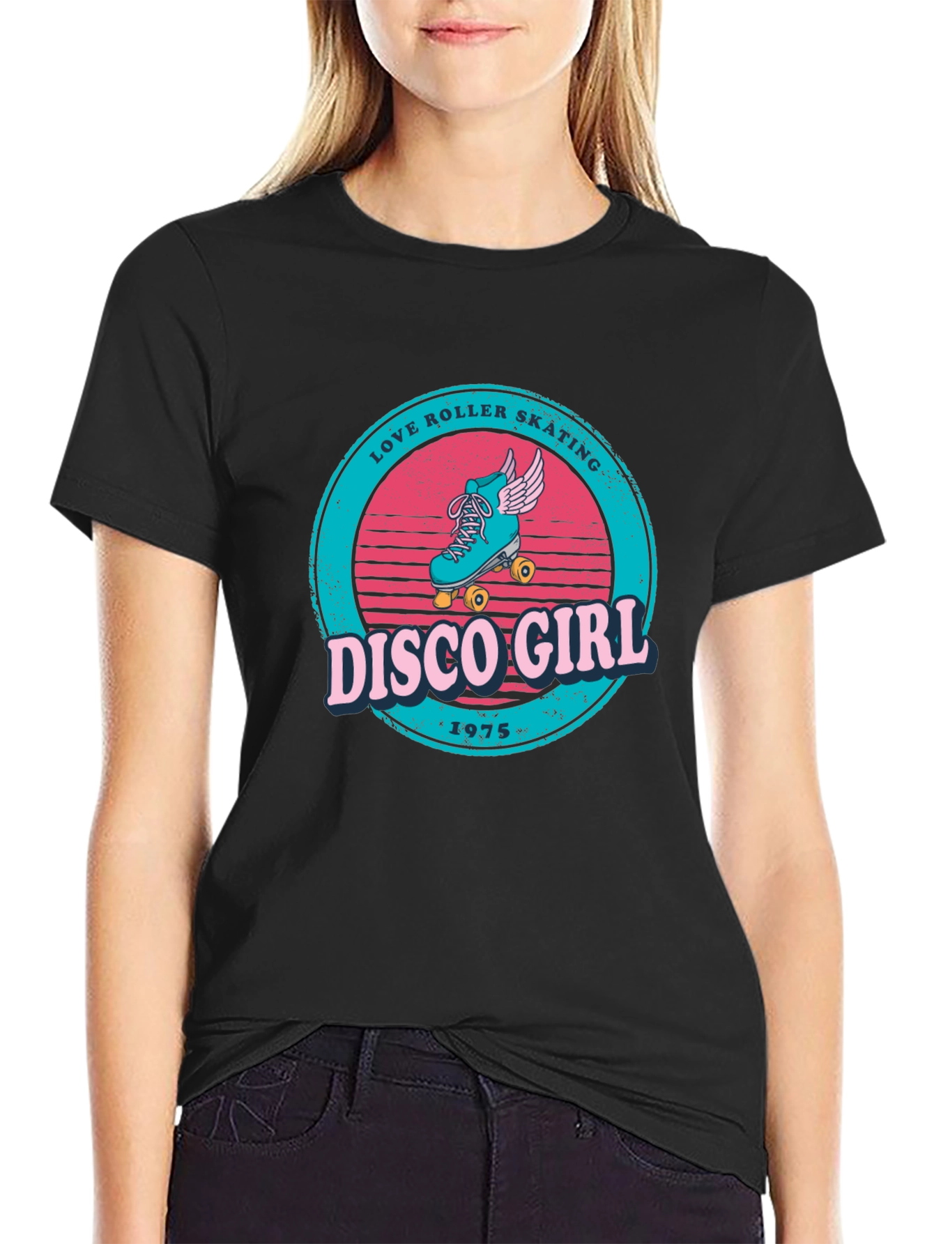 Retro Disco Girl Roller Skating Graphic T-Shirt