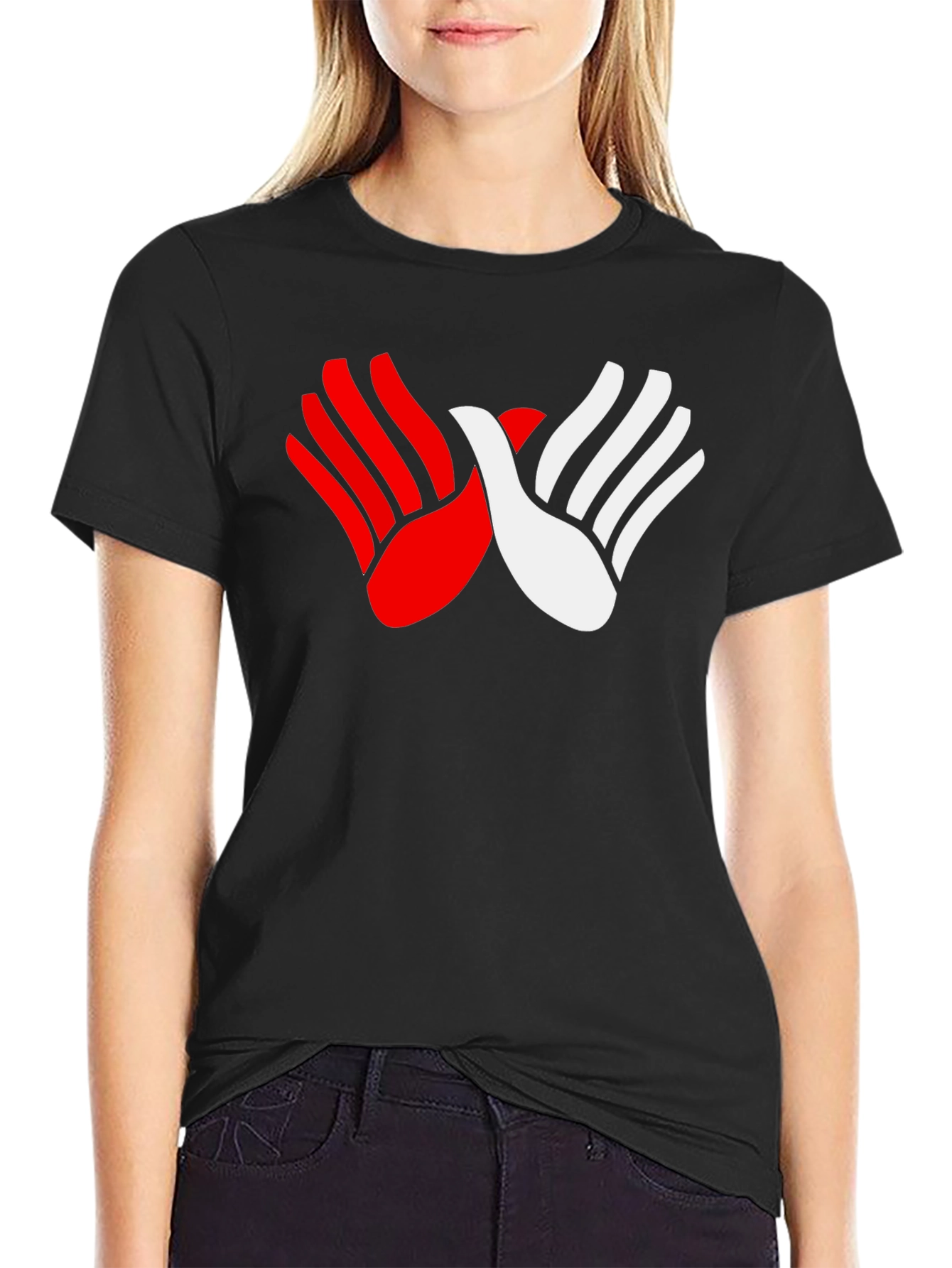 Red & White Hands Graphic Black T-Shirt