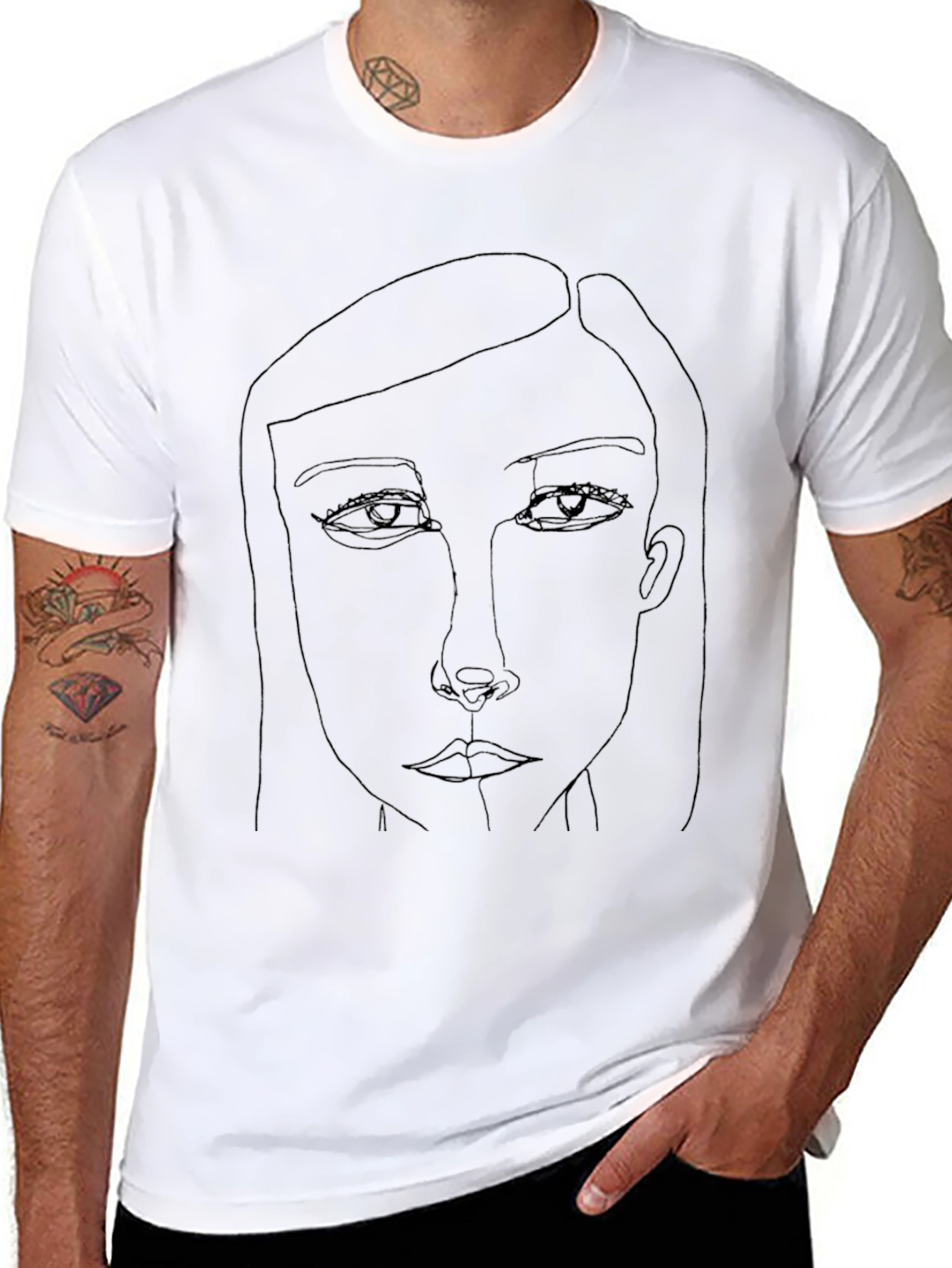 Minimalist Line Art Face Graphic Black T-Shirt