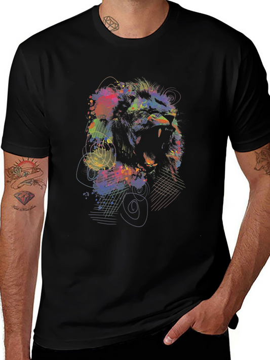 Lion Graphic Print T-Shirt - Colorful Animal Tee