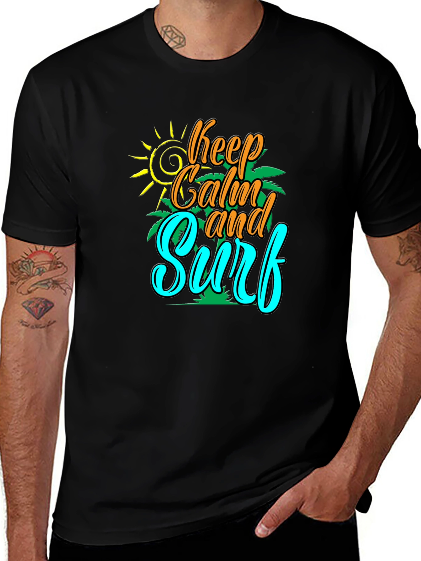 Keep Calm and Surf T-Shirt - Black Cotton Tee