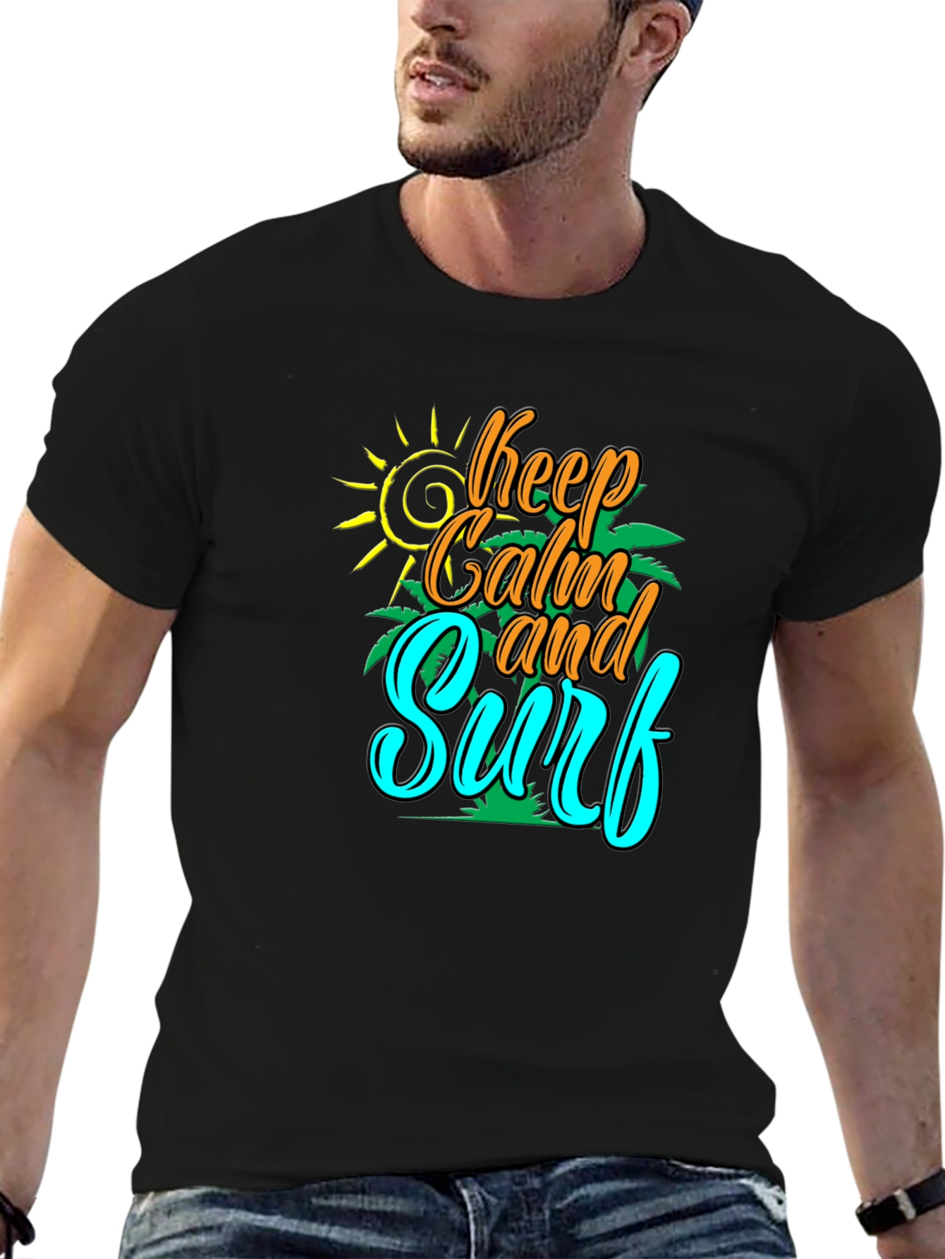 Keep Calm and Surf T-Shirt - Black Cotton Tee