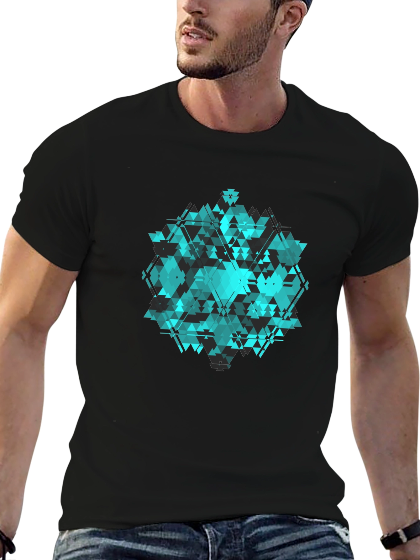 Geometric Triangle Pattern Black T-Shirt