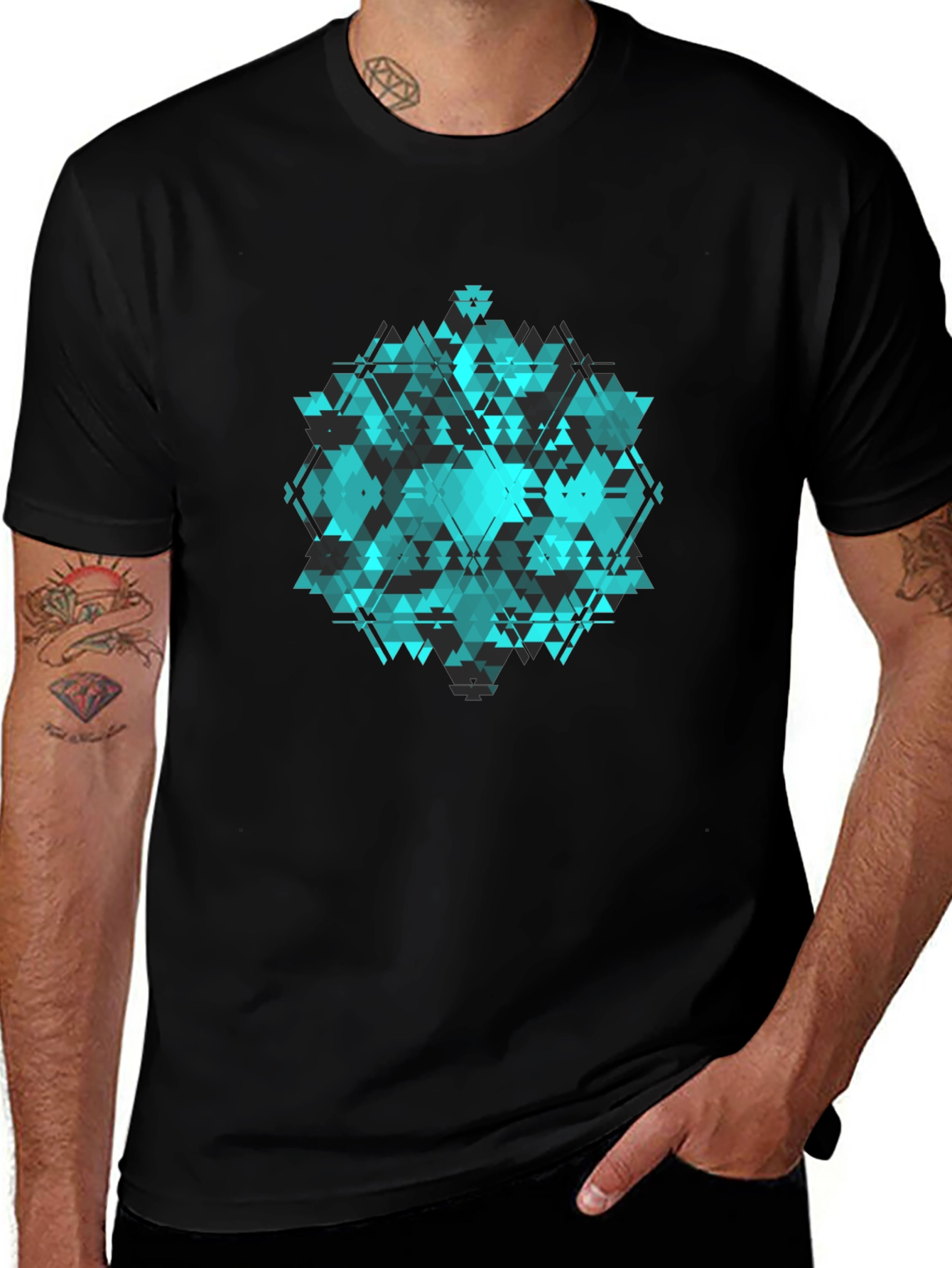 Geometric Triangle Pattern Black T-Shirt