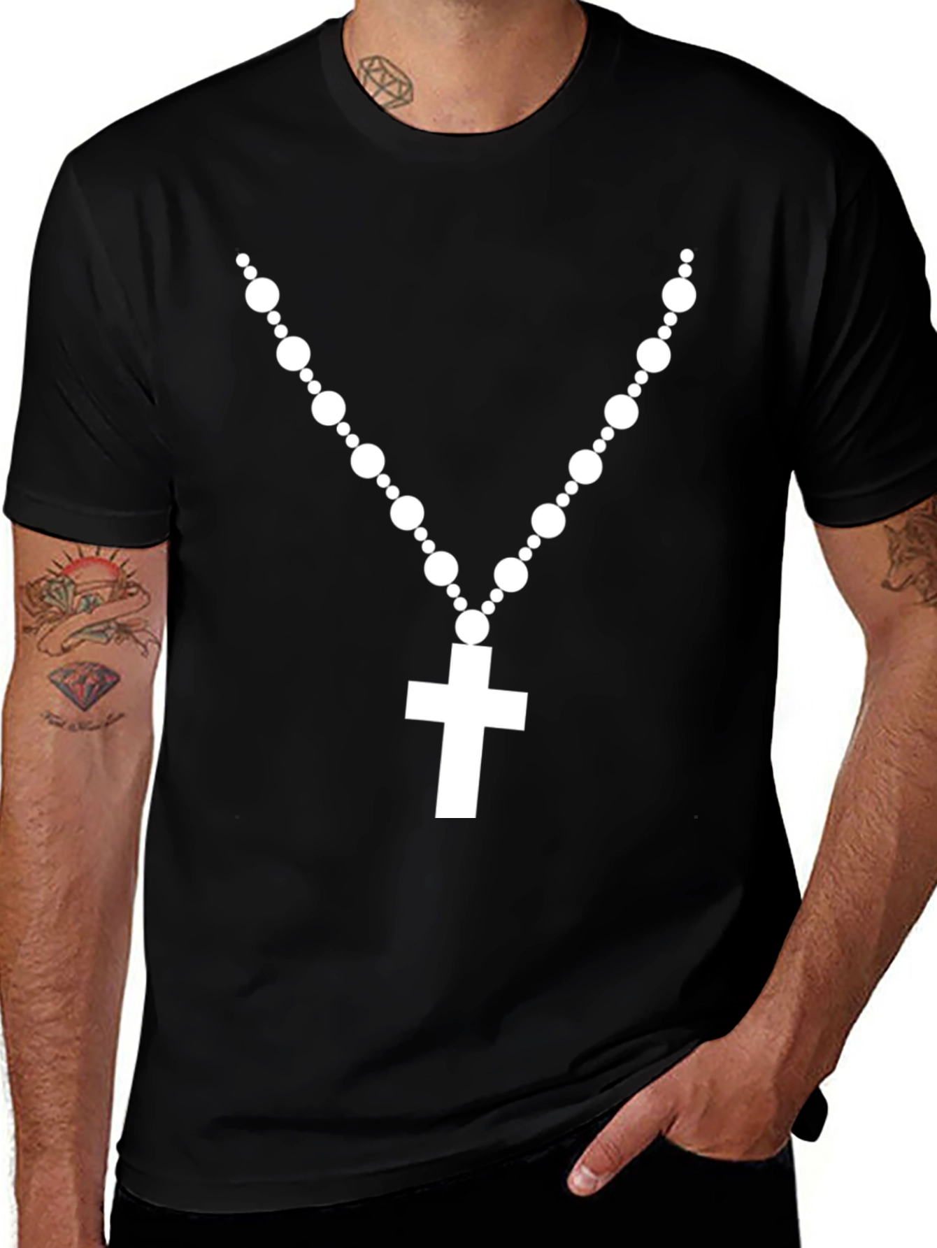 Rosary Cross Graphic T-Shirt - Black Crew Neck Tee