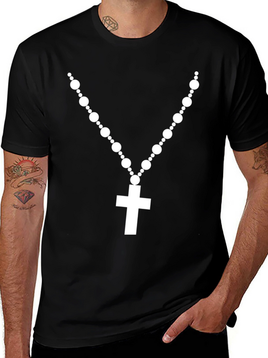 Rosary Cross Graphic T-Shirt - Black Crew Neck Tee
