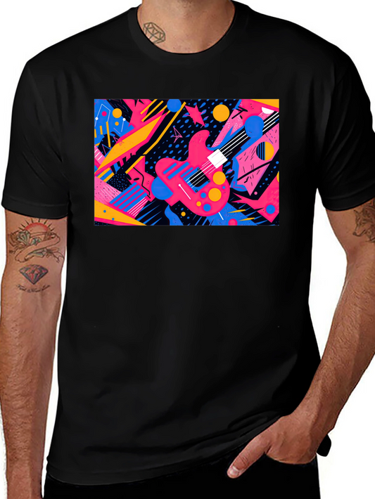 Retro Guitar Graphic T-Shirt - Black Cotton Blend