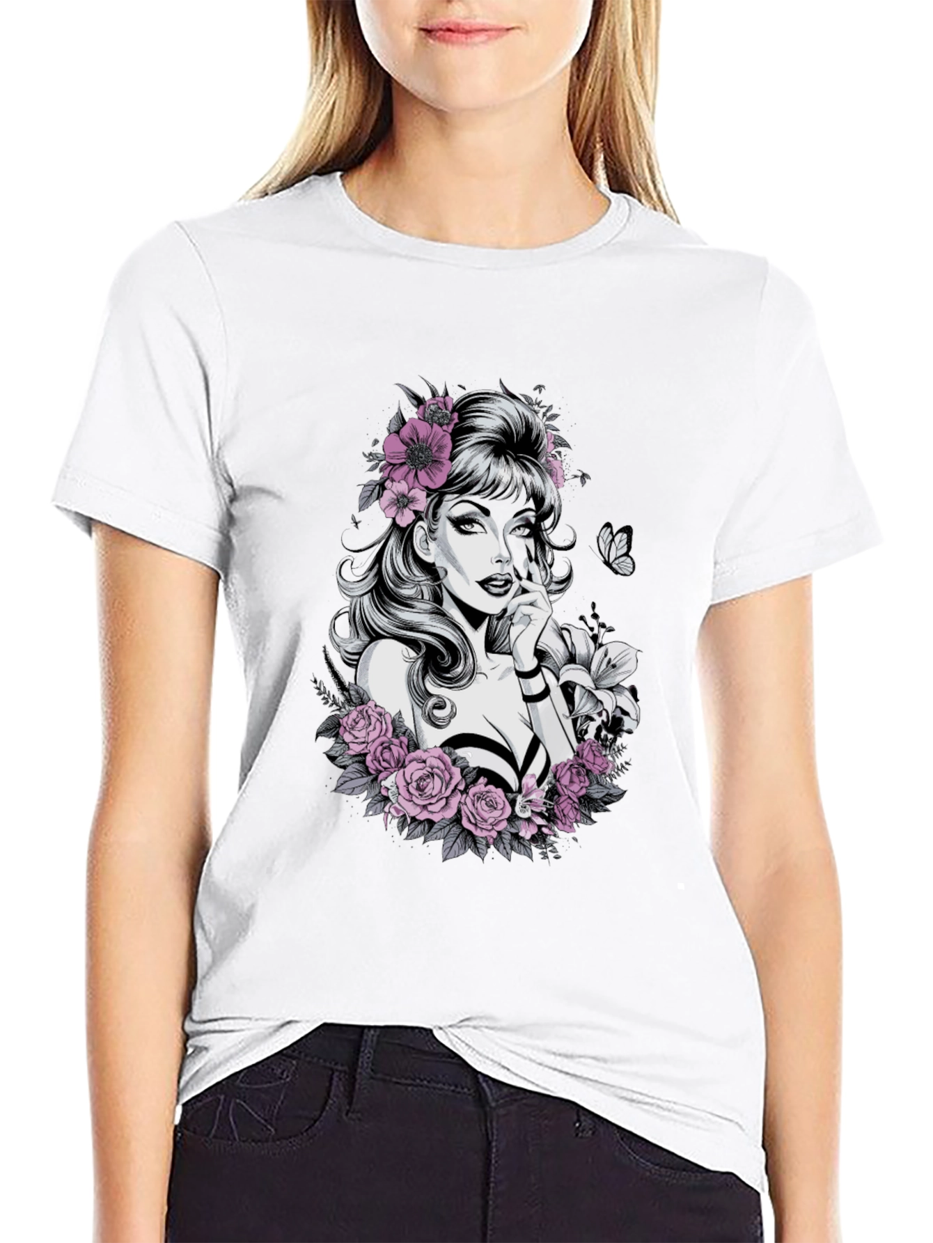 Floral Skull Beauty Graphic Tee - Black