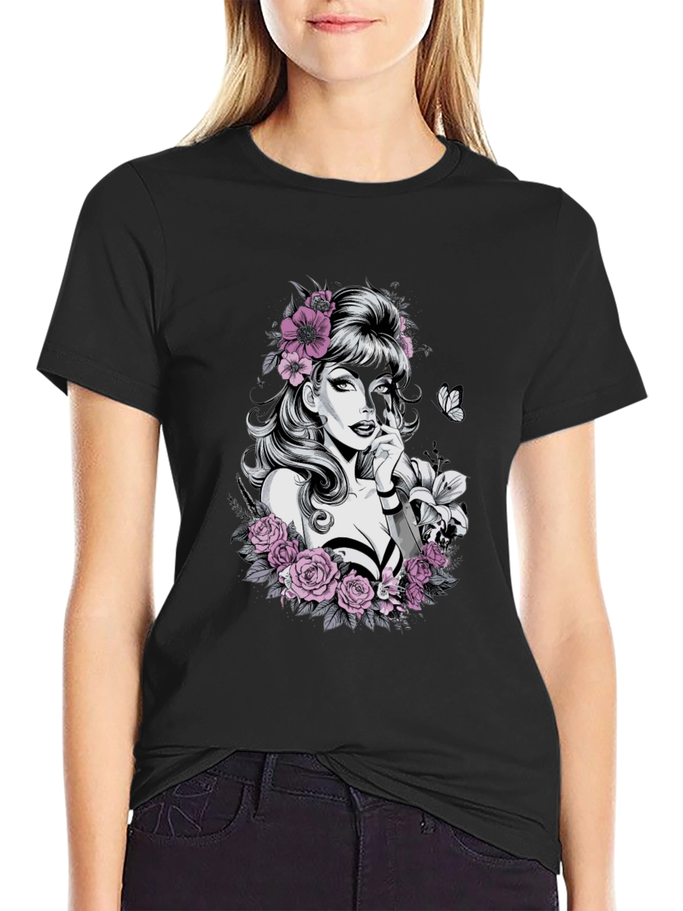 Floral Skull Beauty Graphic Tee - Black