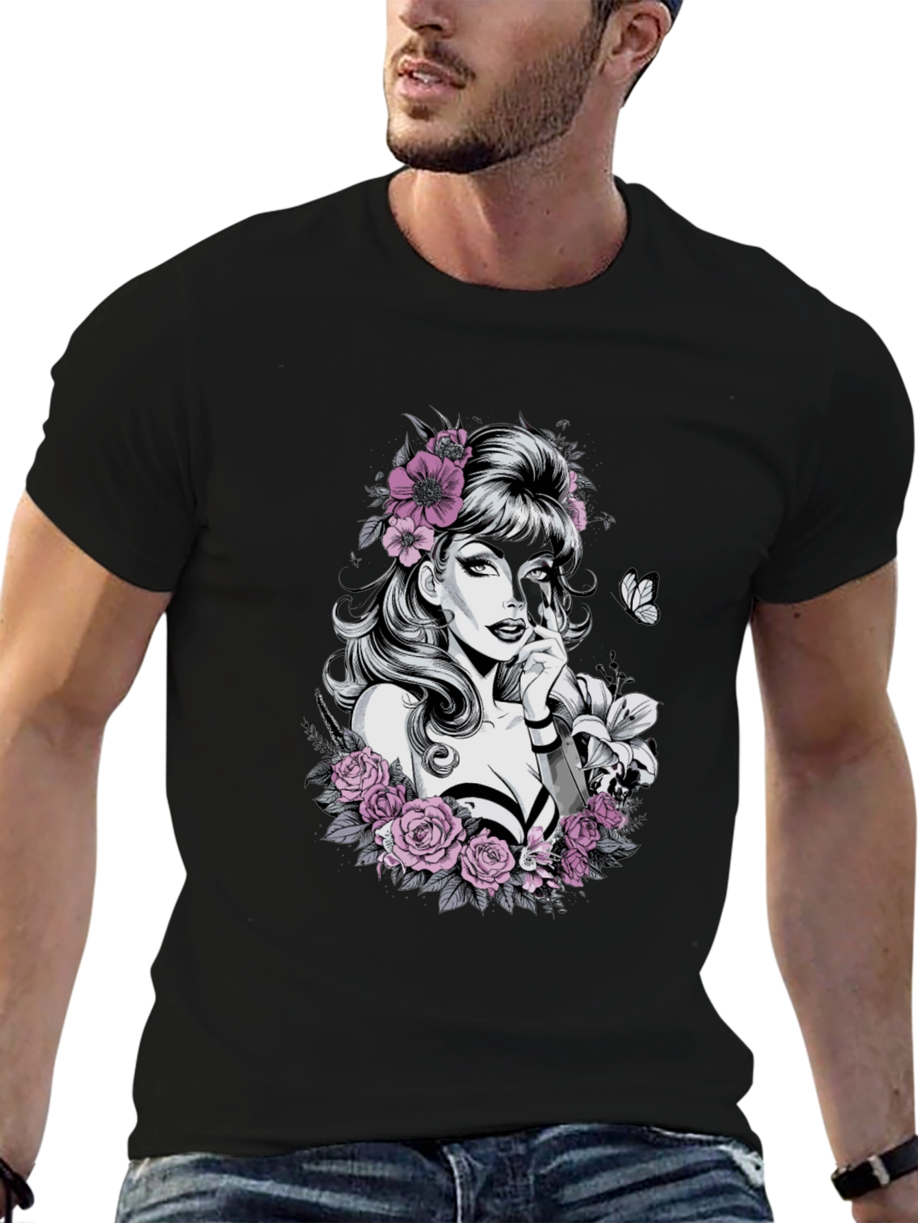 Floral Skull Beauty Graphic Tee - Black