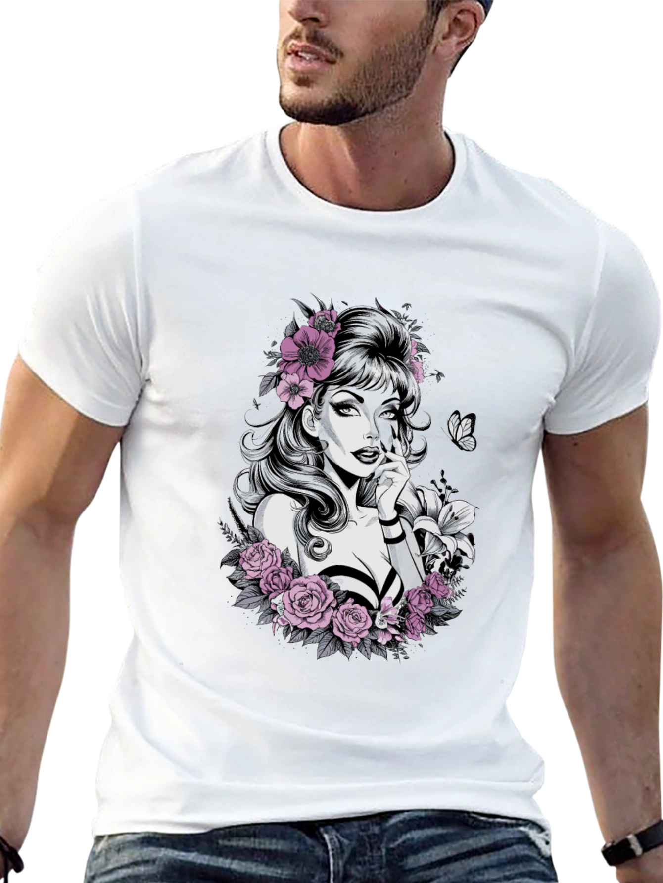 Floral Skull Beauty Graphic Tee - Black