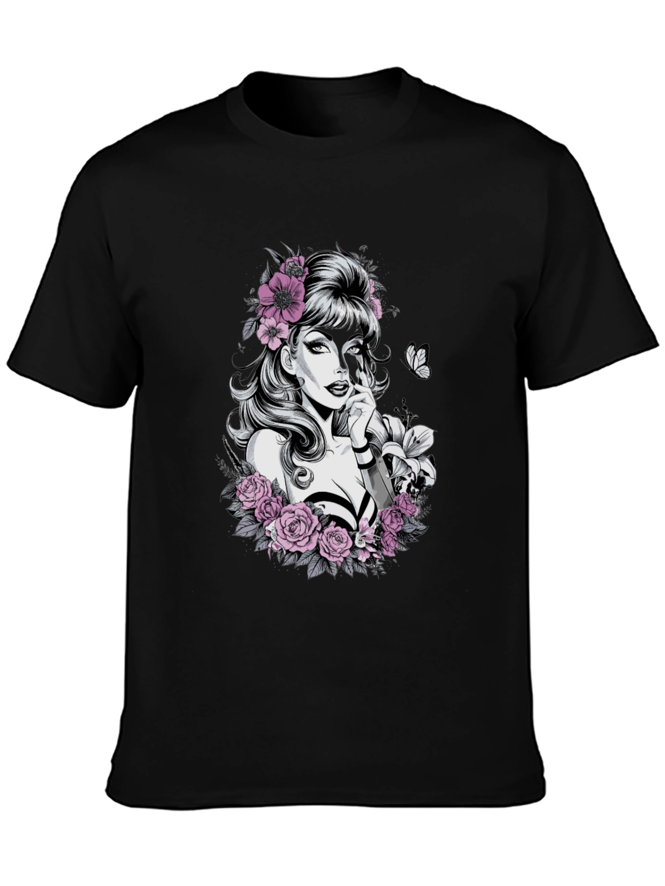Floral Skull Beauty Graphic Tee - Black