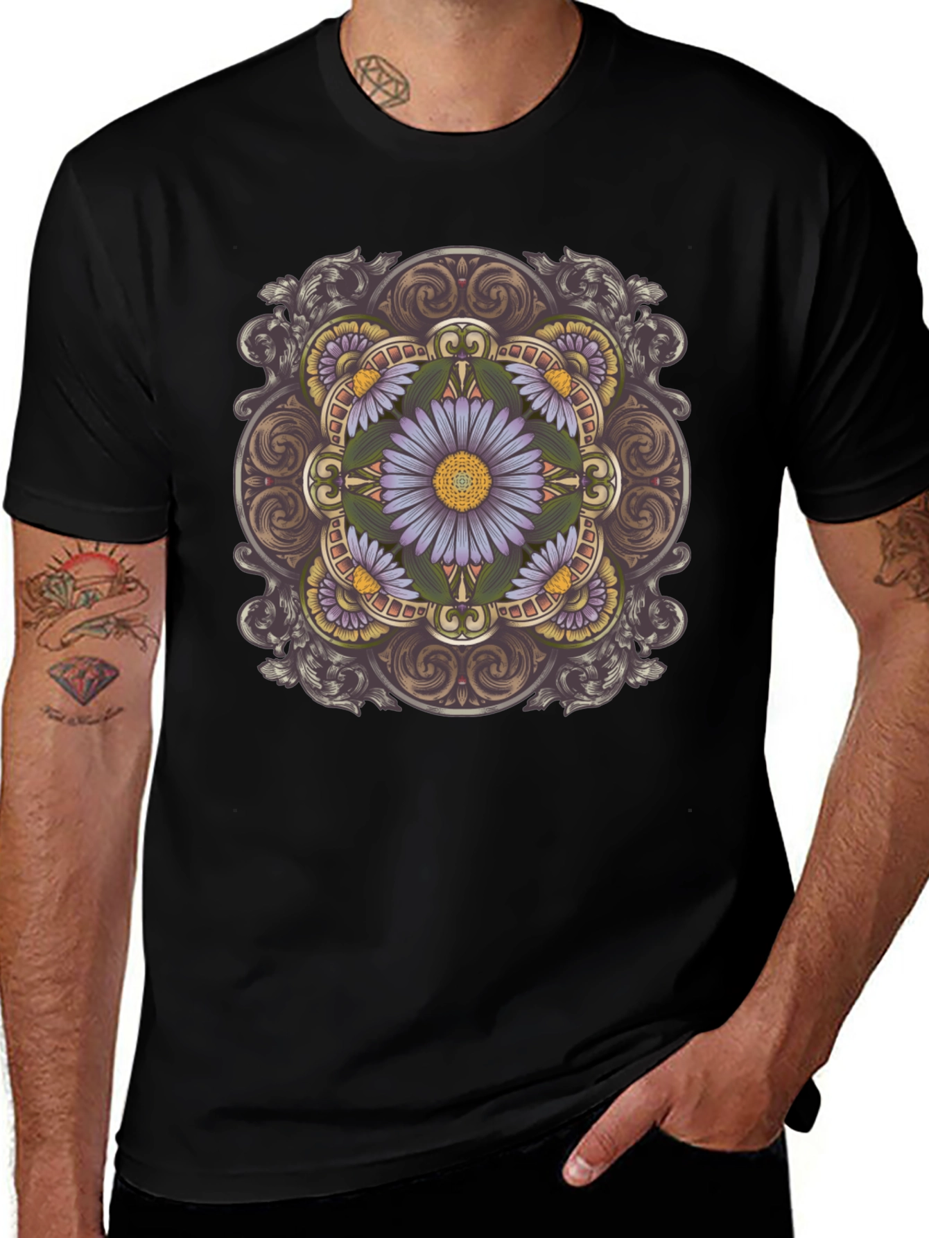 Floral Mandala Print Black T-Shirt