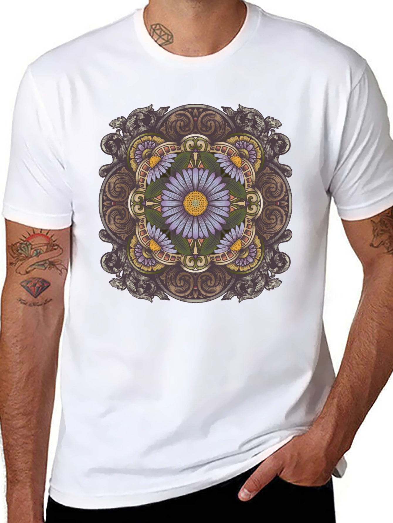 Floral Mandala Print Black T-Shirt