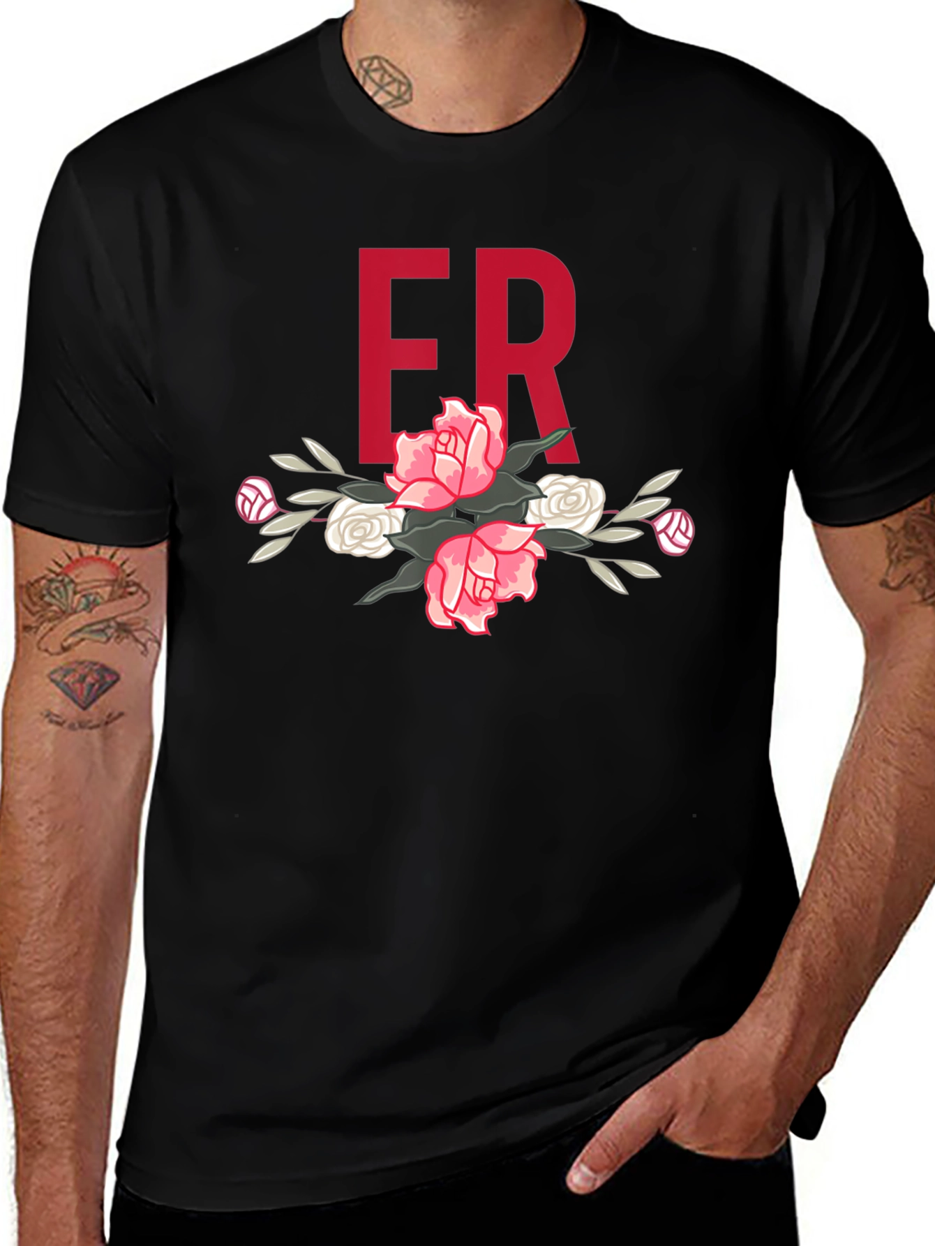 Floral ER Initial T-Shirt - Stylish Black Tee
