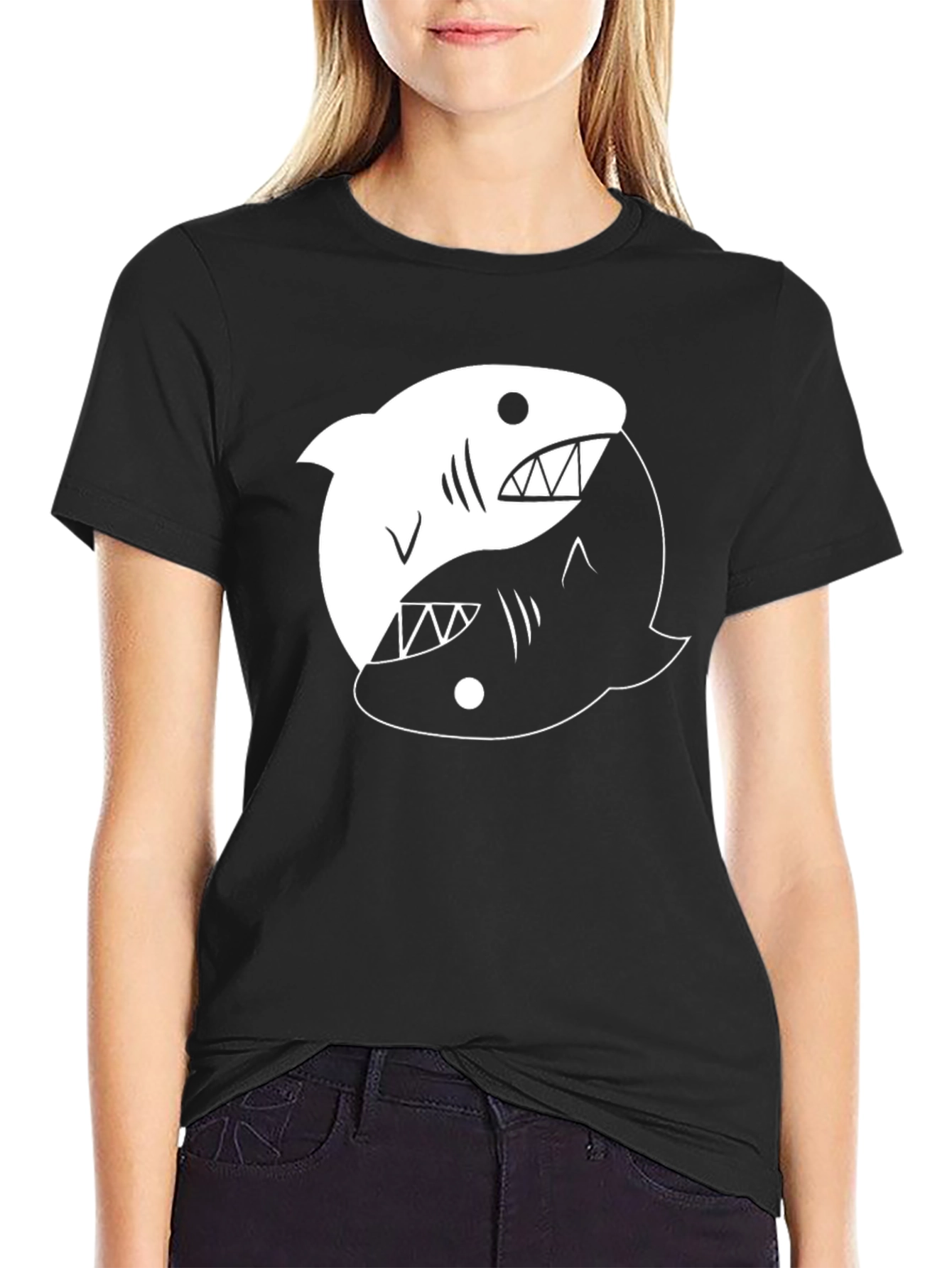 Yin Yang Shark Graphic Tee - Black Cotton T-Shirt
