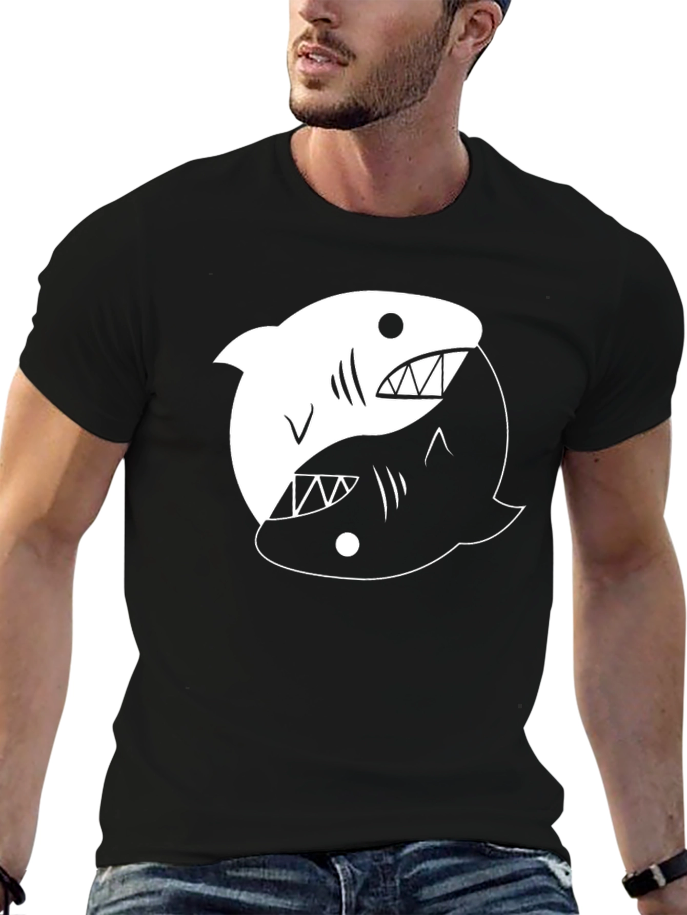 Yin Yang Shark Graphic Tee - Black Cotton T-Shirt