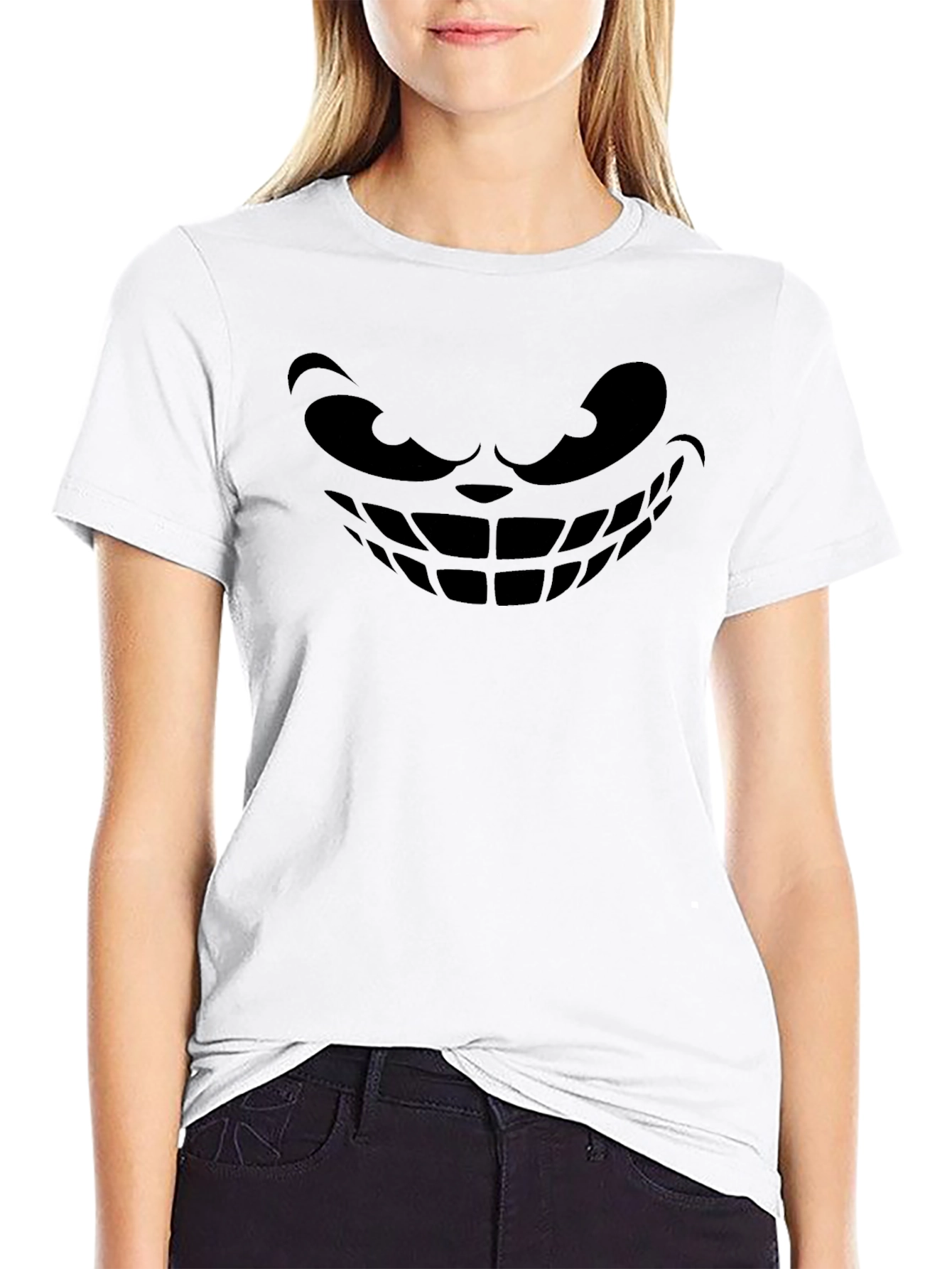 Mens Black T-Shirt with Grinning Face Graphic