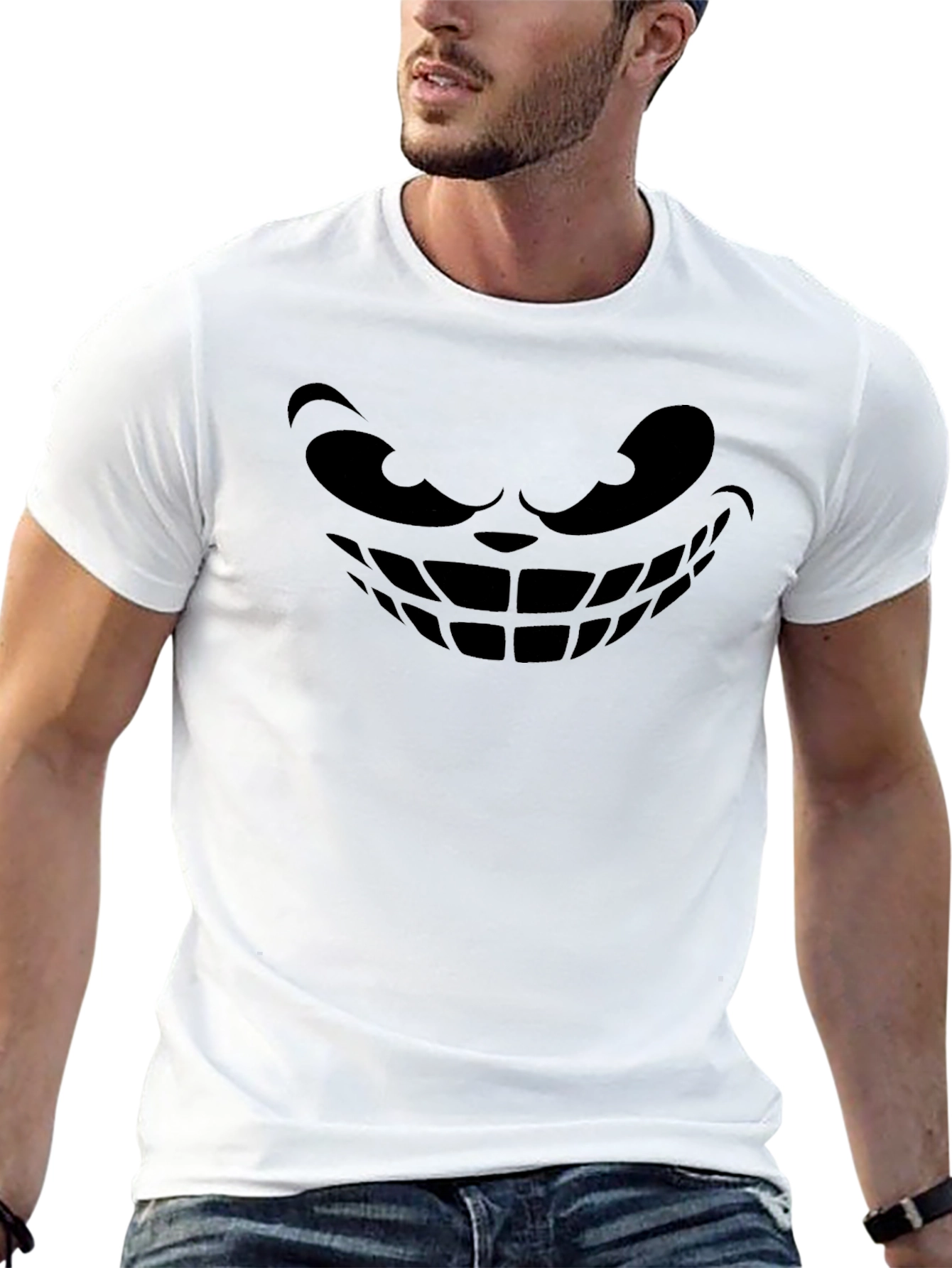 Mens Black T-Shirt with Grinning Face Graphic
